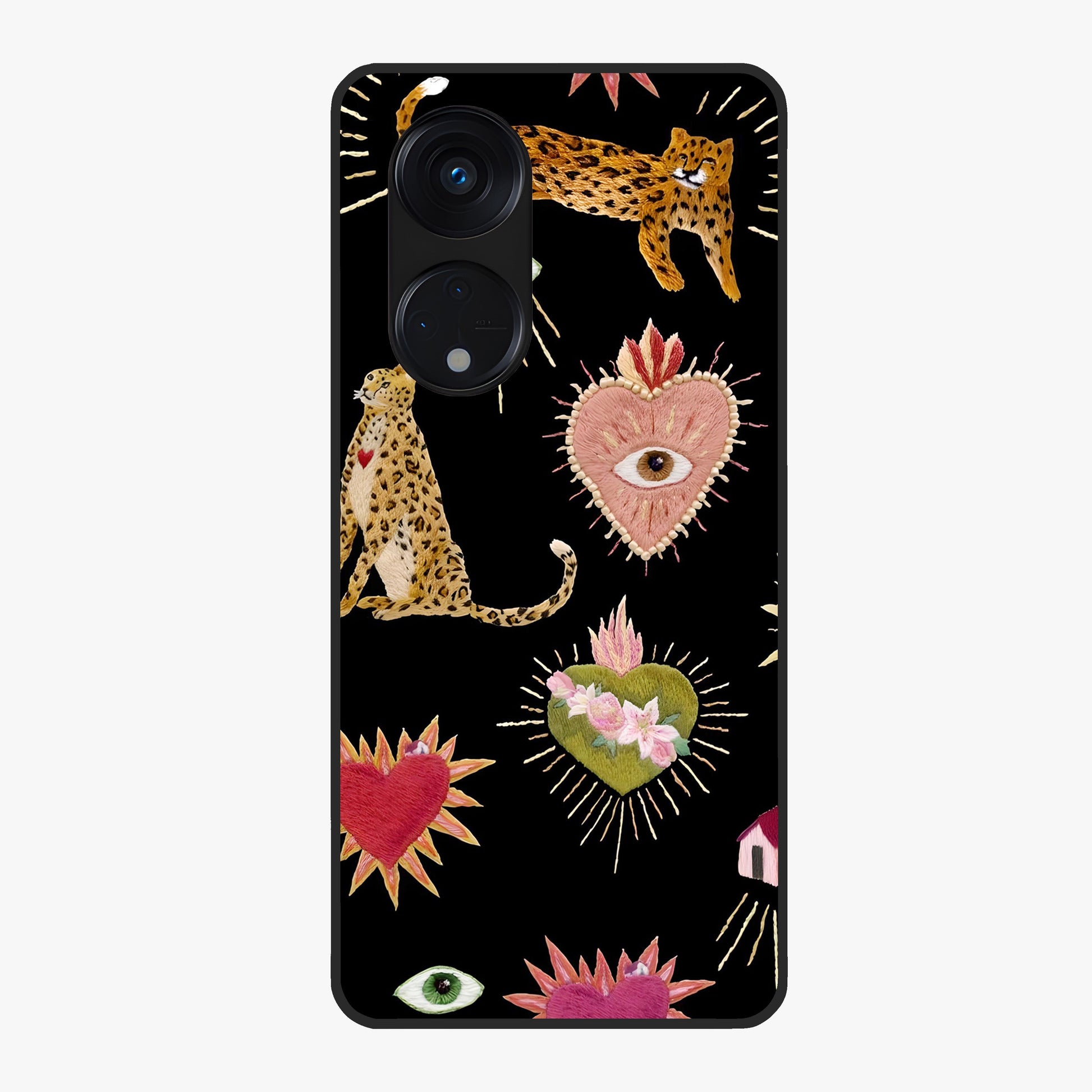 Sacred Jungle Heart Glass Case showing flat back view with jungle inspired heart artwork and glossy glass finish.