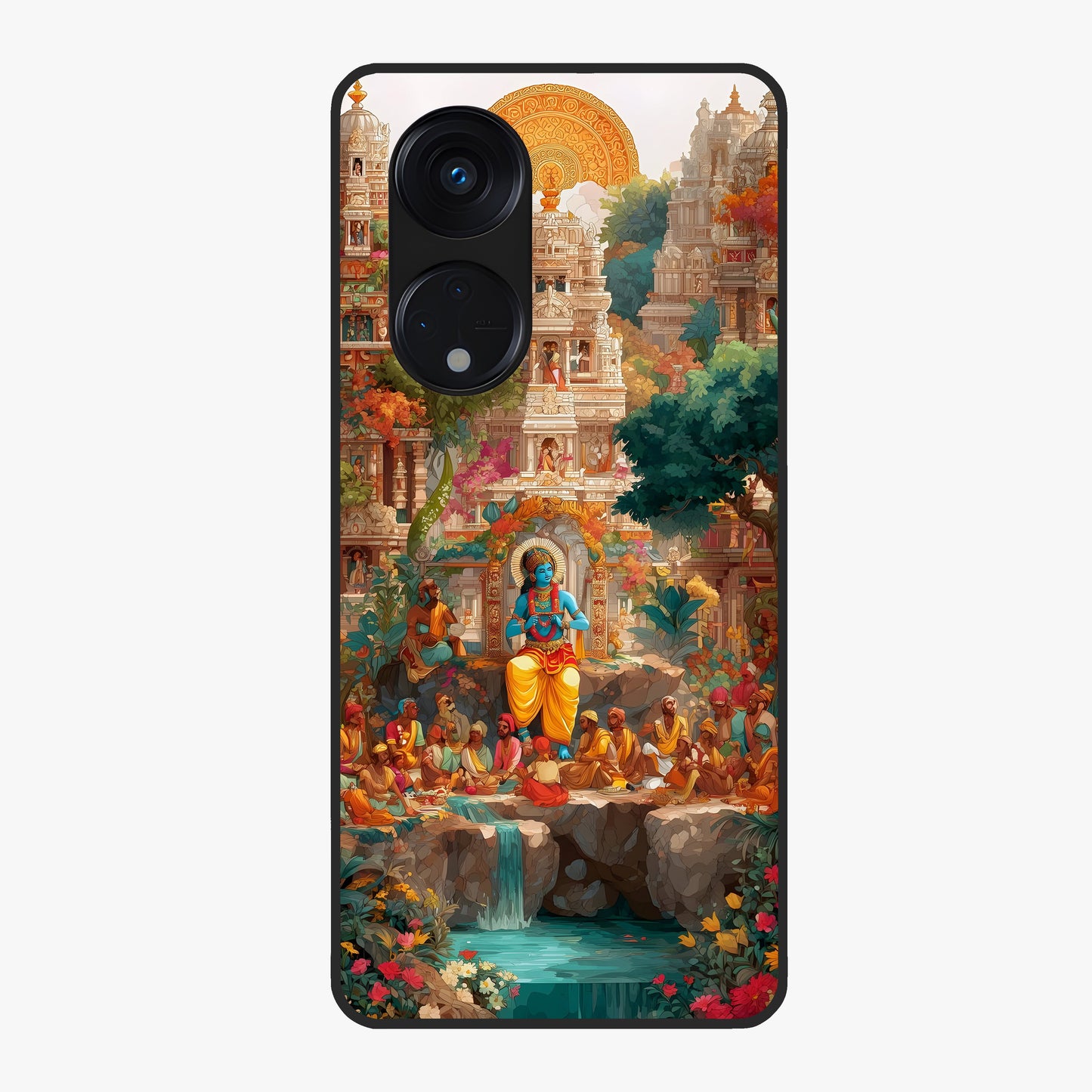 Sacred Sunlight Gods Glass Case showing flat back view with divine sunlight themed artwork and glossy glass finish.