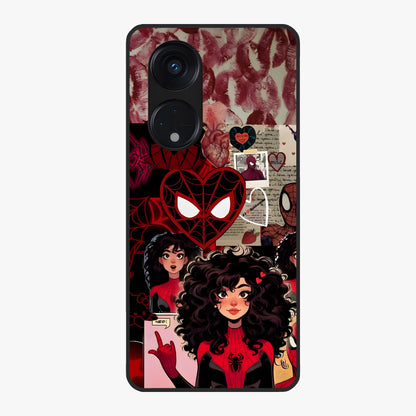 Spider Love Story Glass Case showing flat back view with romantic superhero themed artwork and glossy glass finish.