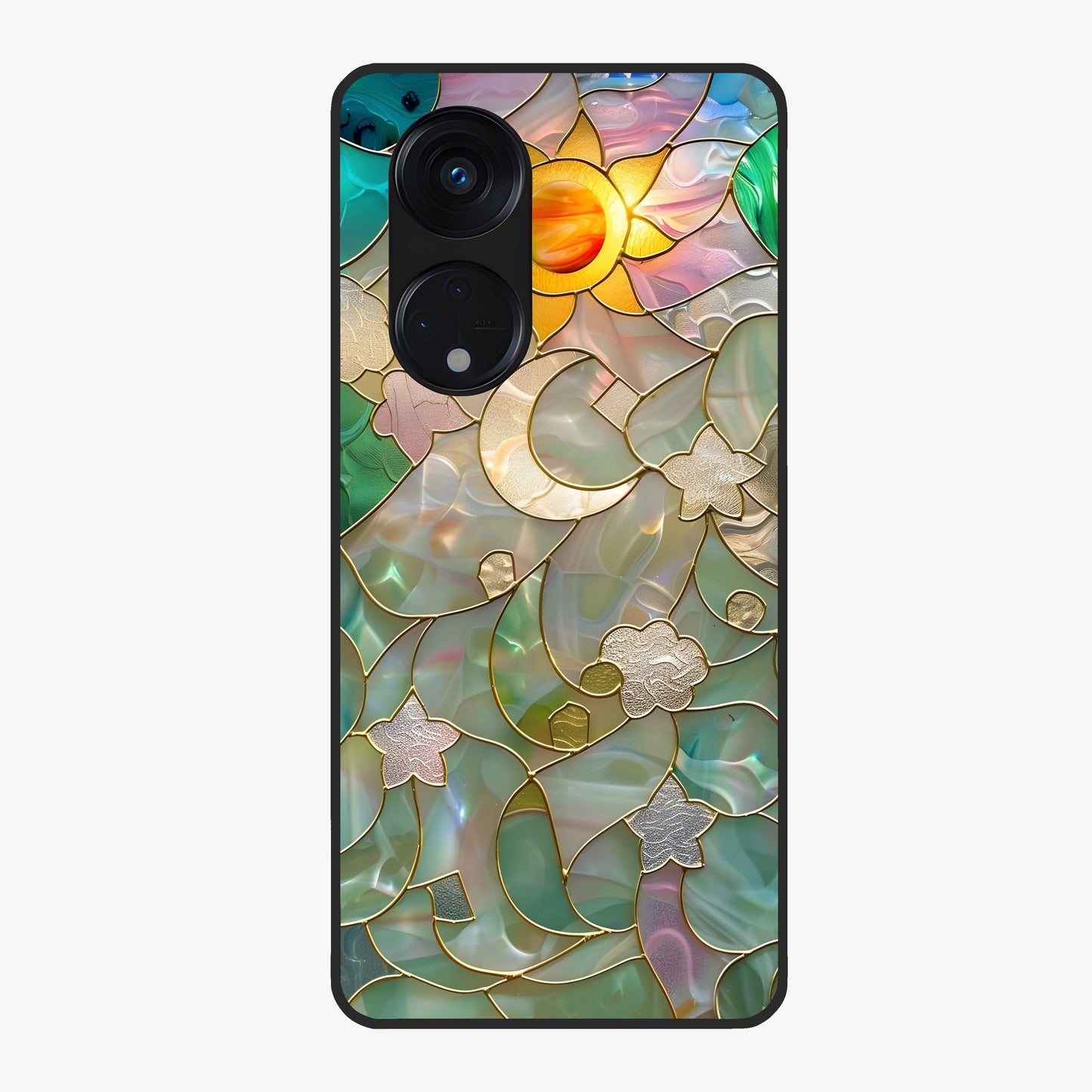 Stained Sunrise Glow Glass Case showing flat back view with glowing sunrise stained pattern artwork and glossy glass finish.