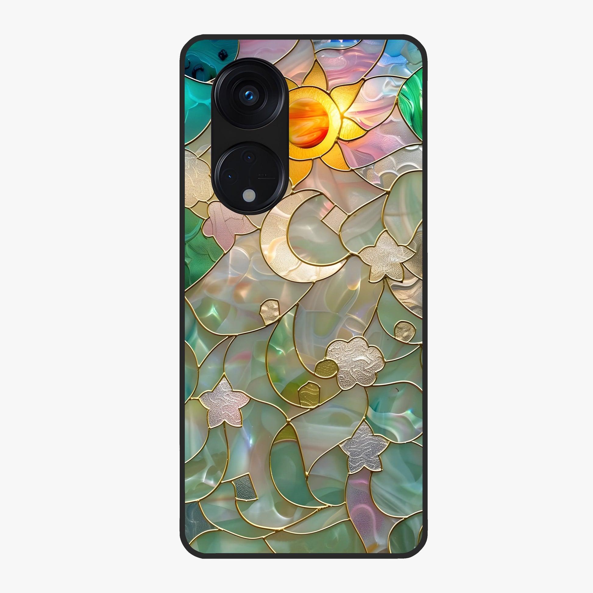 Stained Sunrise Glow Glass Case showing flat back view with glowing sunrise stained pattern artwork and glossy glass finish.