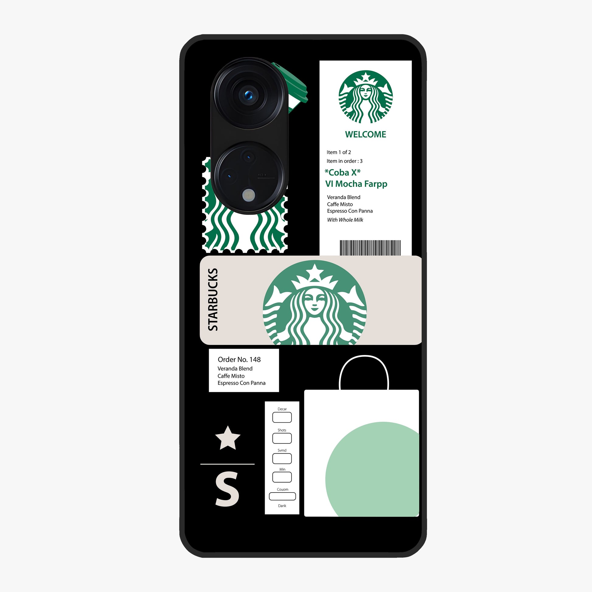 Starbucks Mocha Glass Case showing flat back view with coffee inspired artwork and glossy glass finish.