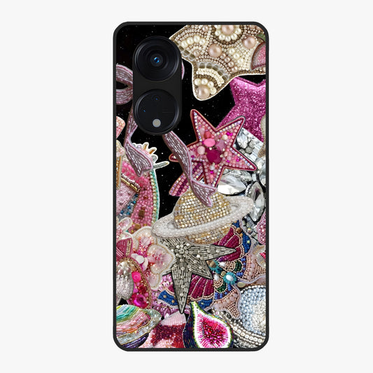 Starlit Jewel Dream Glass Case showing flat back view with sparkling jewel and star themed artwork and glossy glass finish.