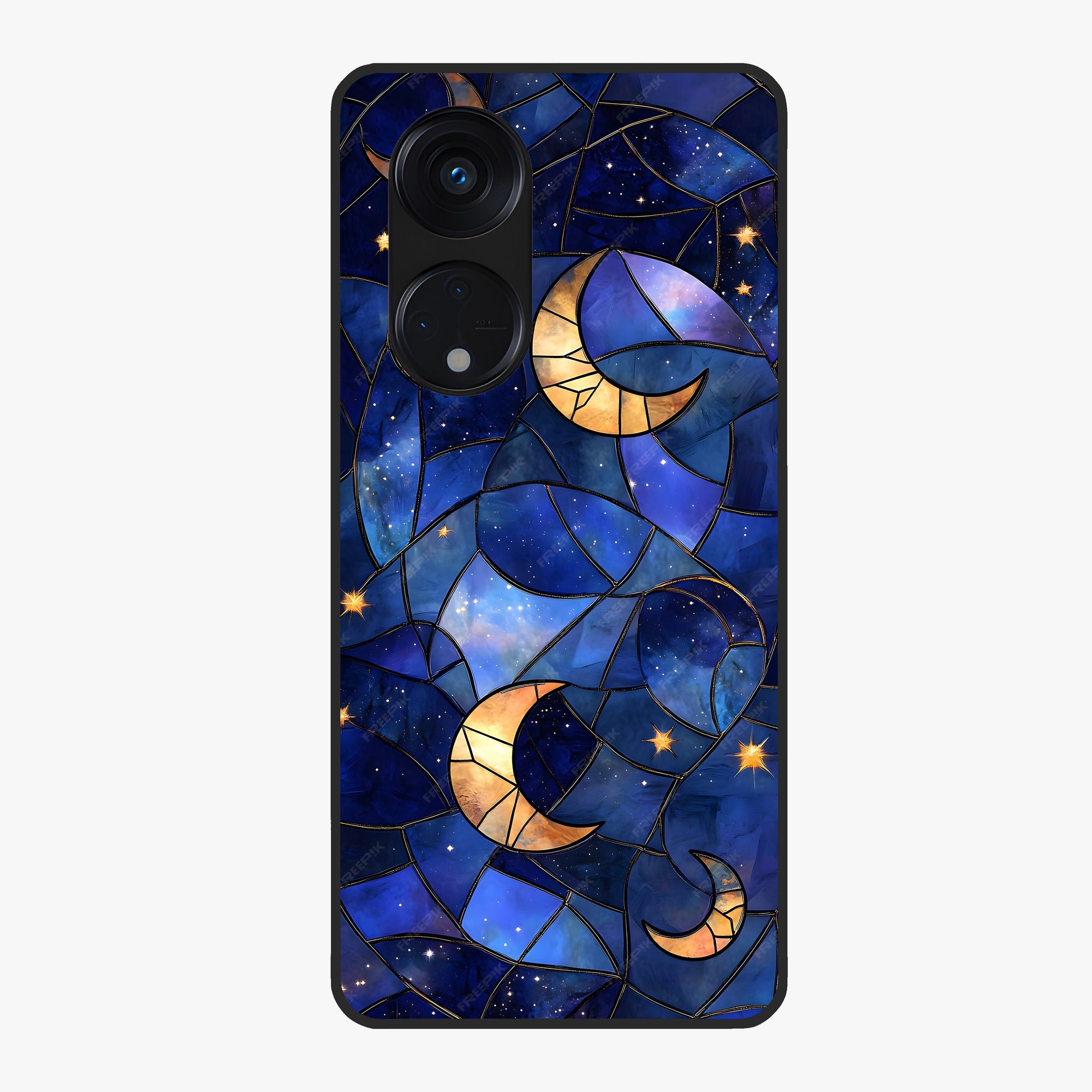 Starlit Sky Tapestry Glass Case showing flat back view with decorative starry sky tapestry artwork and glossy glass finish.