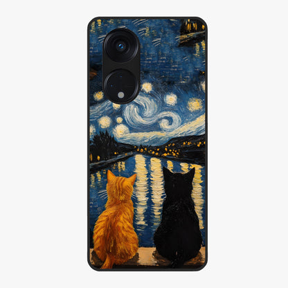 Starry River Cats Glass Case showing flat back view with cats by a starry river artwork and glossy glass finish.