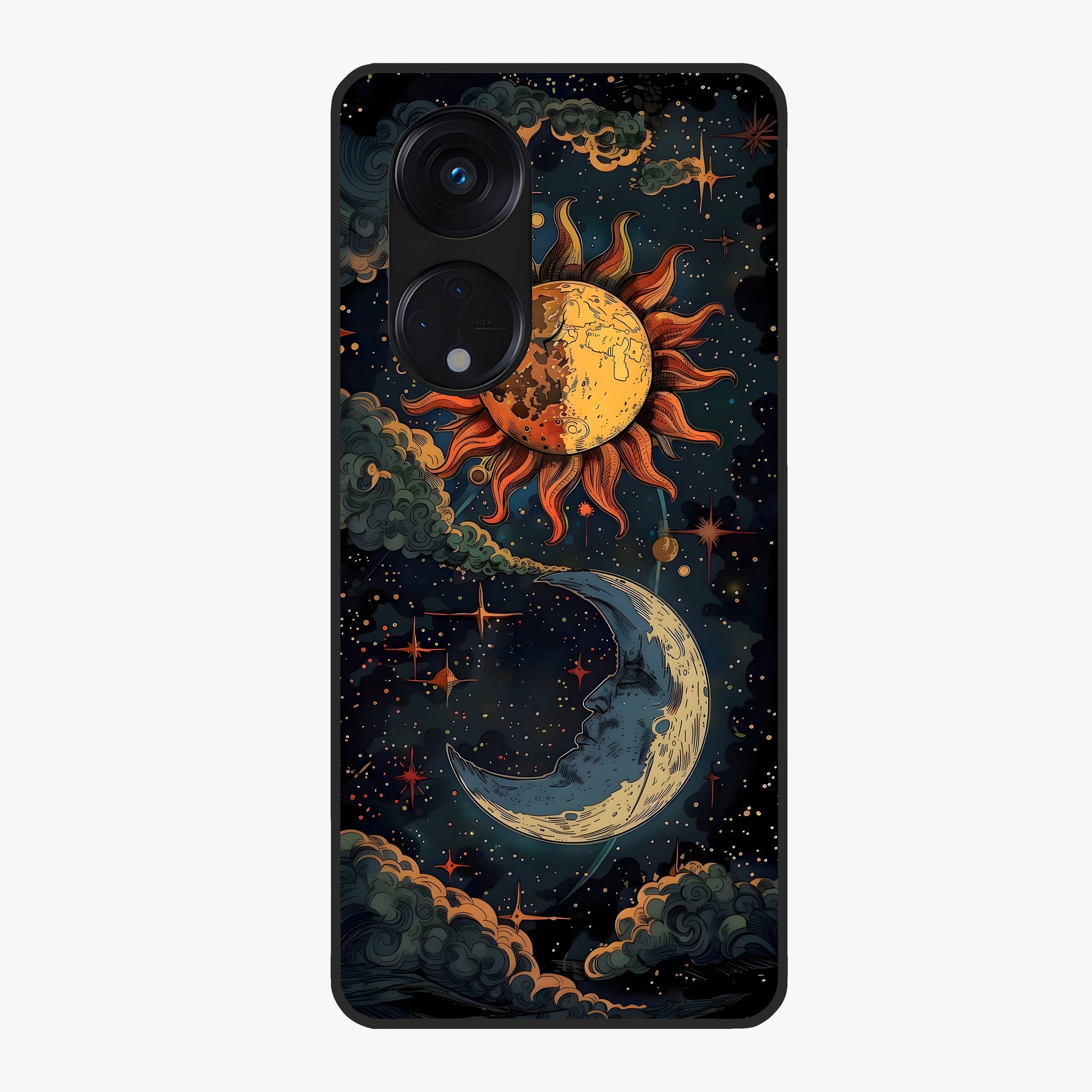 Sun And Moon Magic Design Glass Case showing flat back view with mystical sun and moon artwork and glossy glass finish.