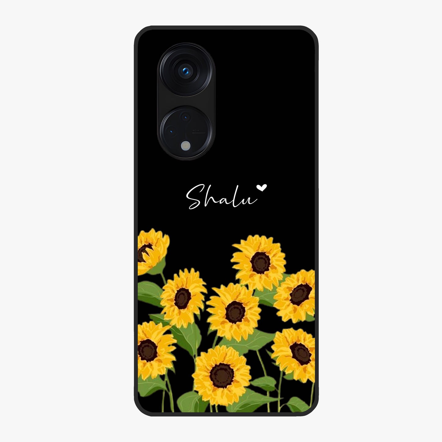Sunflower Chic Mood Custom Name Glass Case showing flat back view with stylish sunflower artwork and personalized name design.