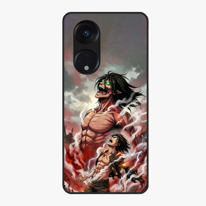 Titan Awakening Fury Glass Case showing flat back view with powerful titan inspired artwork and glossy glass finish.