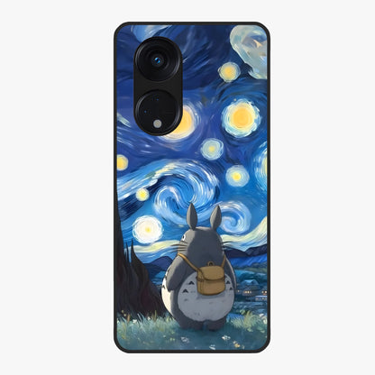 Totoro In Van Gogh Art Glass Case showing flat back view with whimsical character artwork inspired by Van Gogh style and glossy glass finish.
