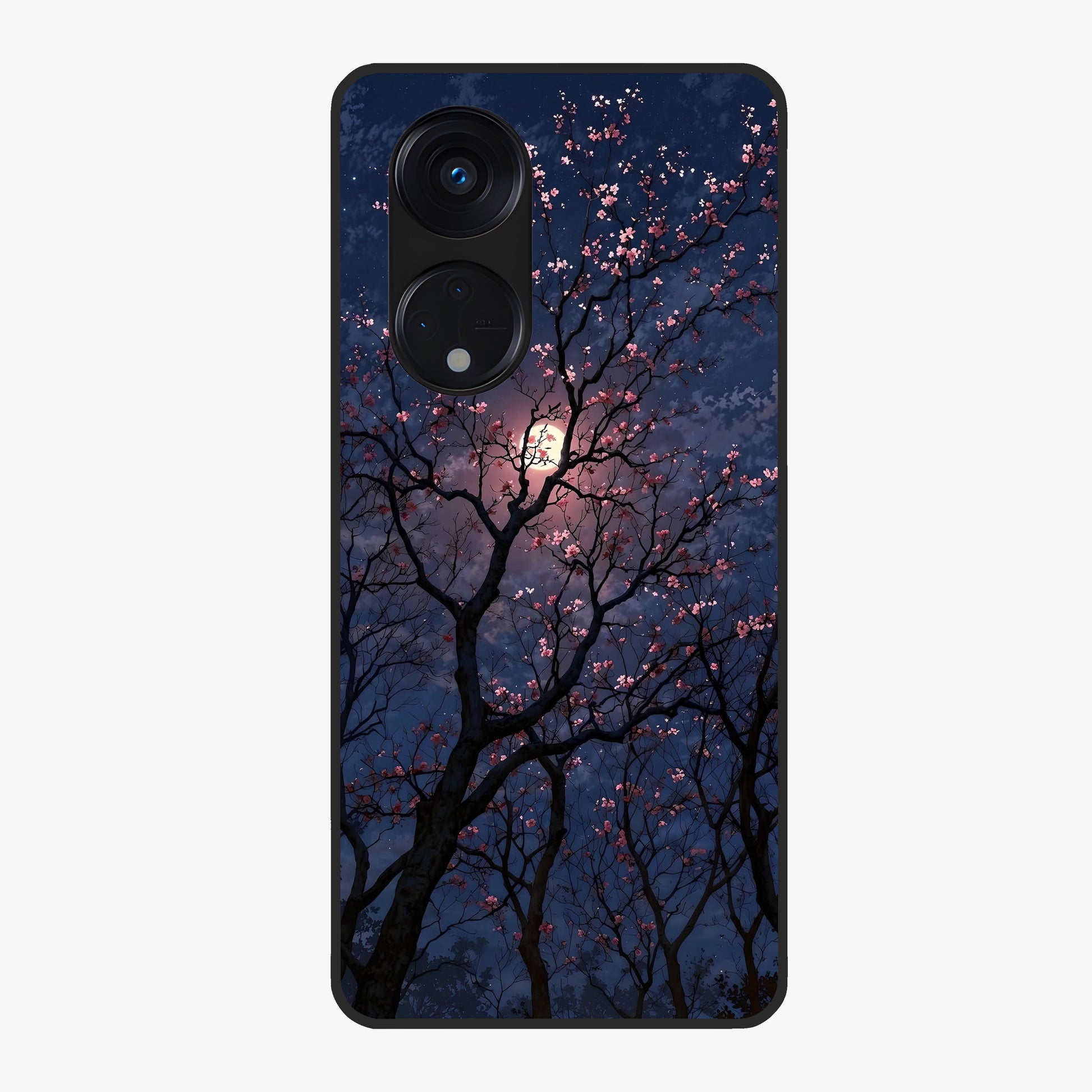Twilight Sakura Serenade Glass Case showing flat back view with cherry blossom artwork at twilight and glossy glass finish.