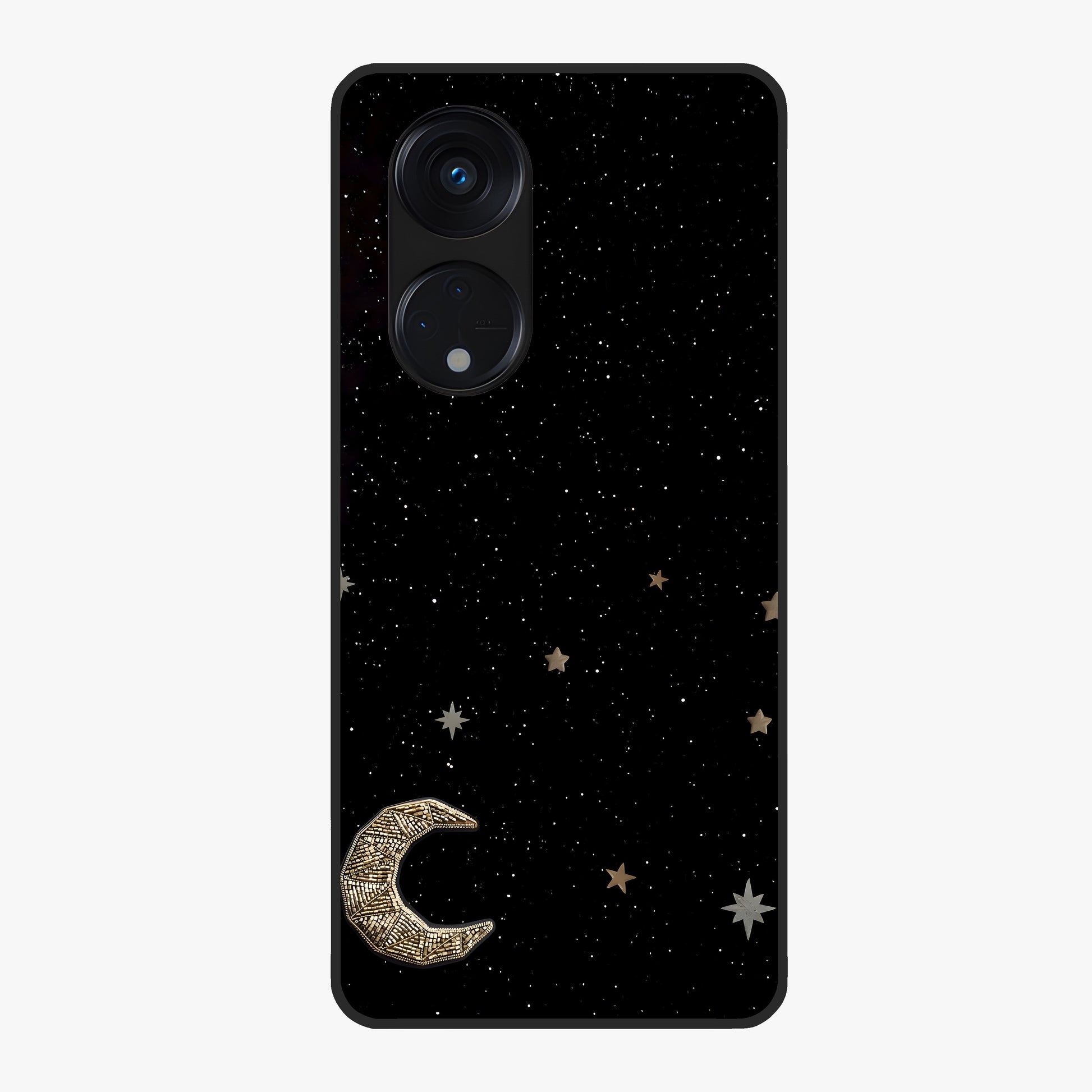 Twinkle Star With Half Moon Glass Case showing flat back view with star and half moon artwork and glossy glass finish.