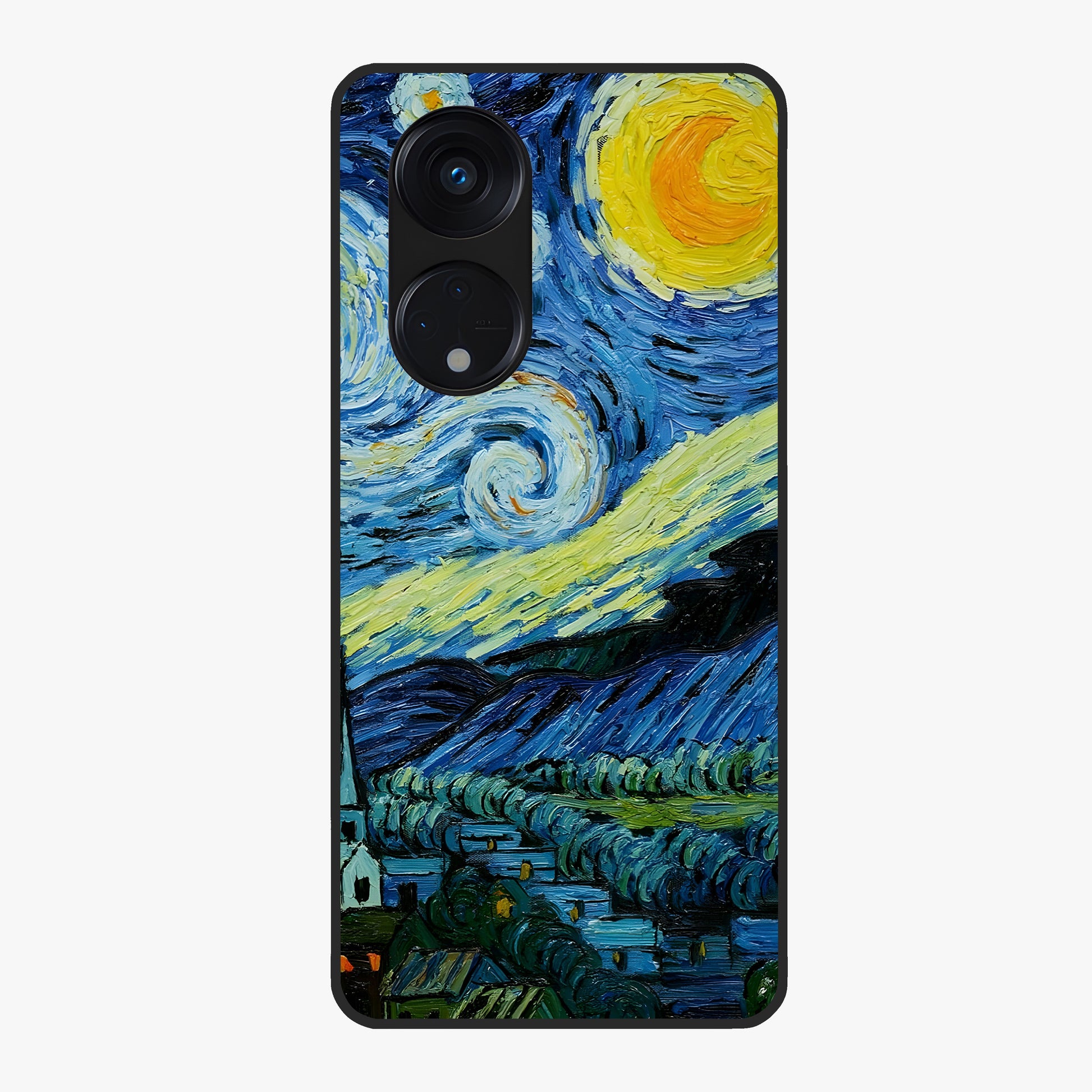Van Gogh Art Glass Case showing flat back view with classic painterly artwork inspired by Van Gogh style and glossy glass finish.