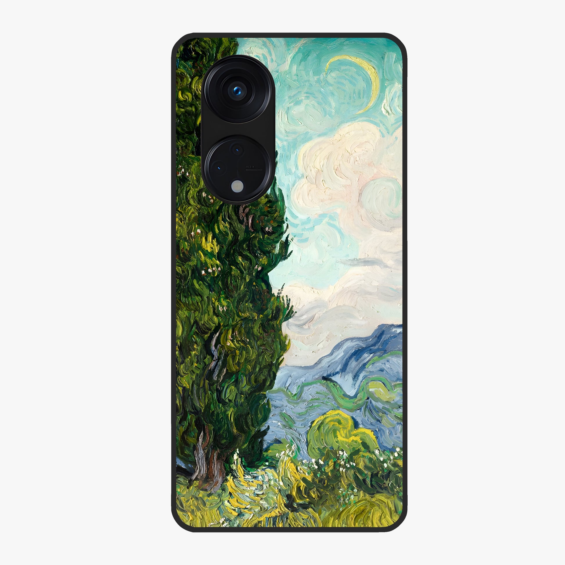 Van Gogh Vintage Art Glass Case showing flat back view with vintage painterly artwork inspired by Van Gogh style and glossy glass finish.