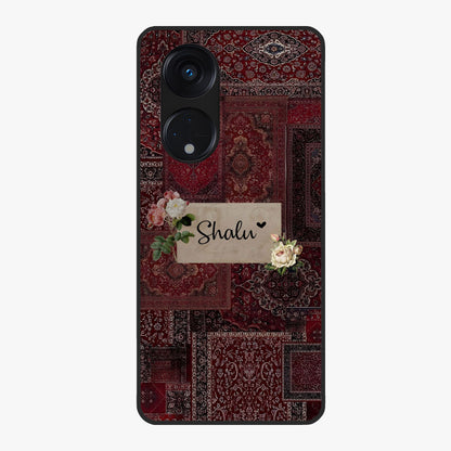 Velvet Wine Pattern Custom Name Glass Case showing flat back view with elegant wine colored pattern artwork and personalized name design.