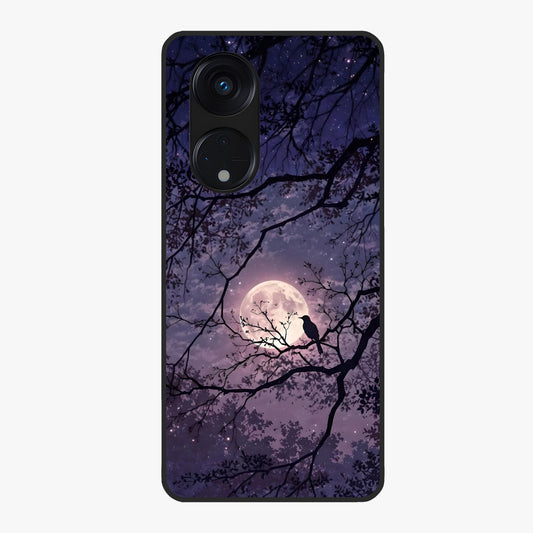 Whispering Moon Silence Glass Case showing flat back view with serene moon themed artwork and glossy glass finish.