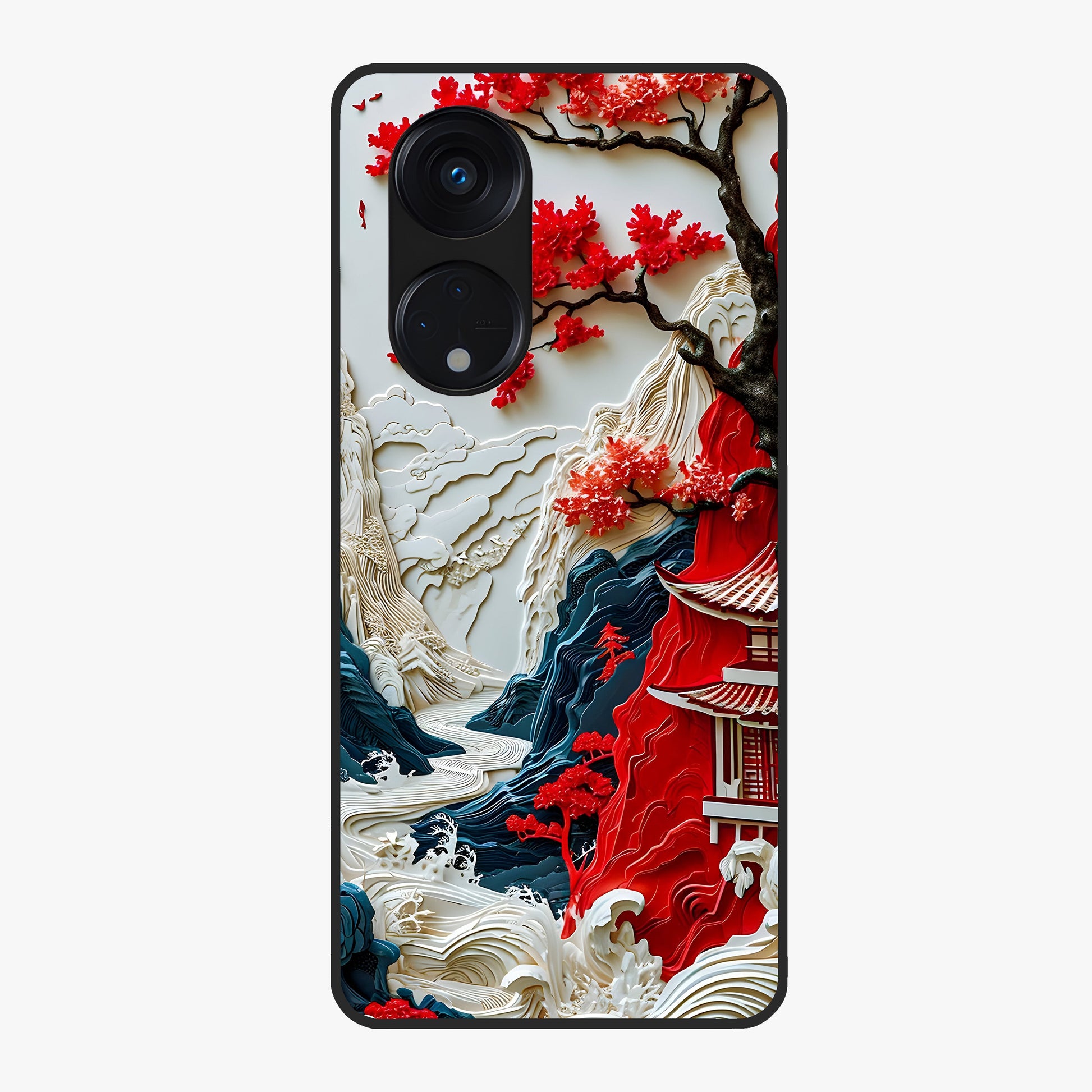 Whispers Of Sakura Waves Glass Case showing flat back view with cherry blossom wave artwork and glossy glass finish.
