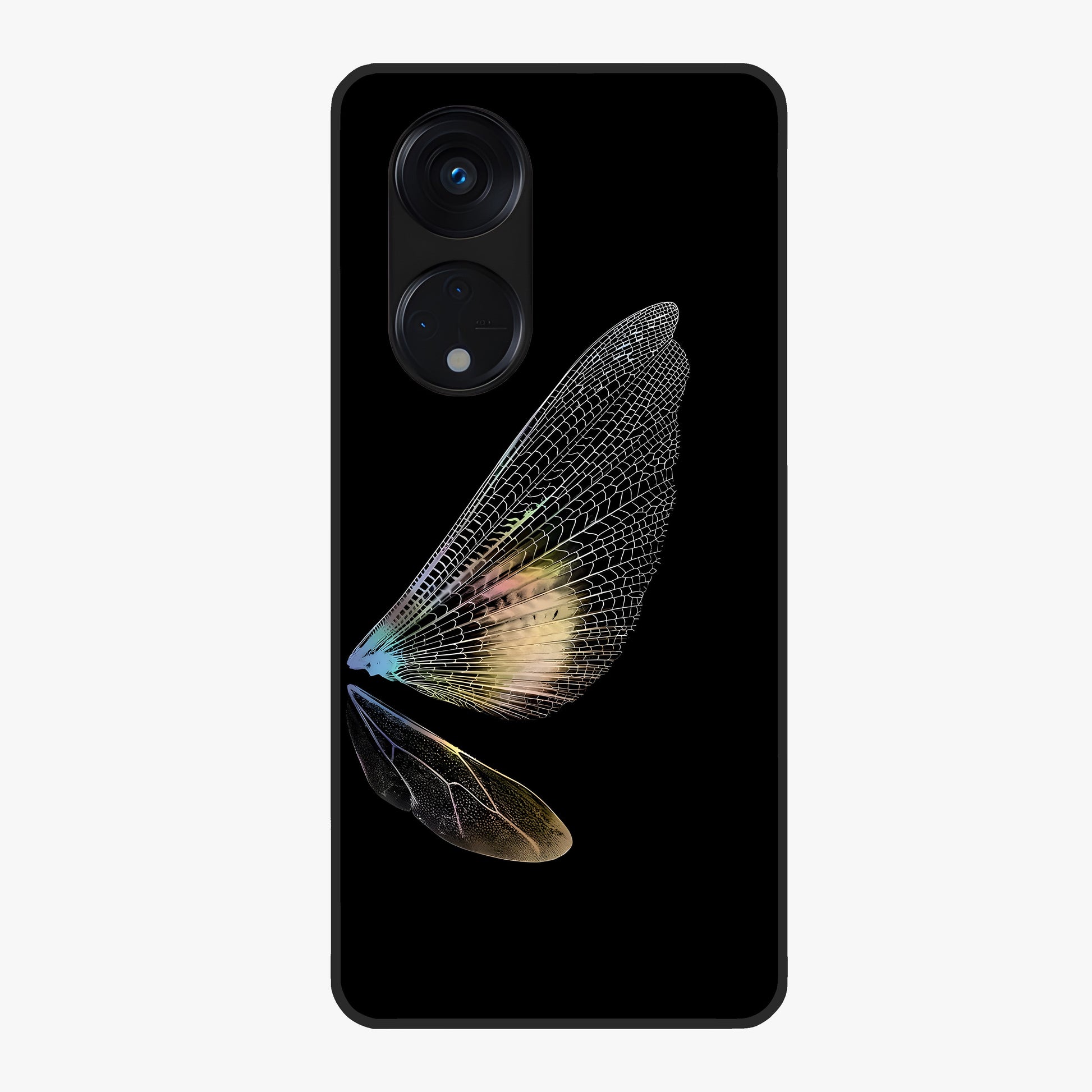 Whispers Of Wings Glass Case showing flat back view with graceful wing inspired artwork and glossy glass finish.