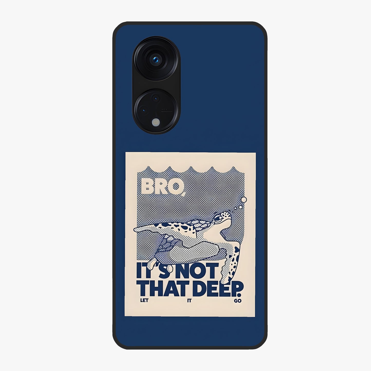 Worry Less Swim Glass Case showing flat back view with playful motivational artwork and glossy glass finish.