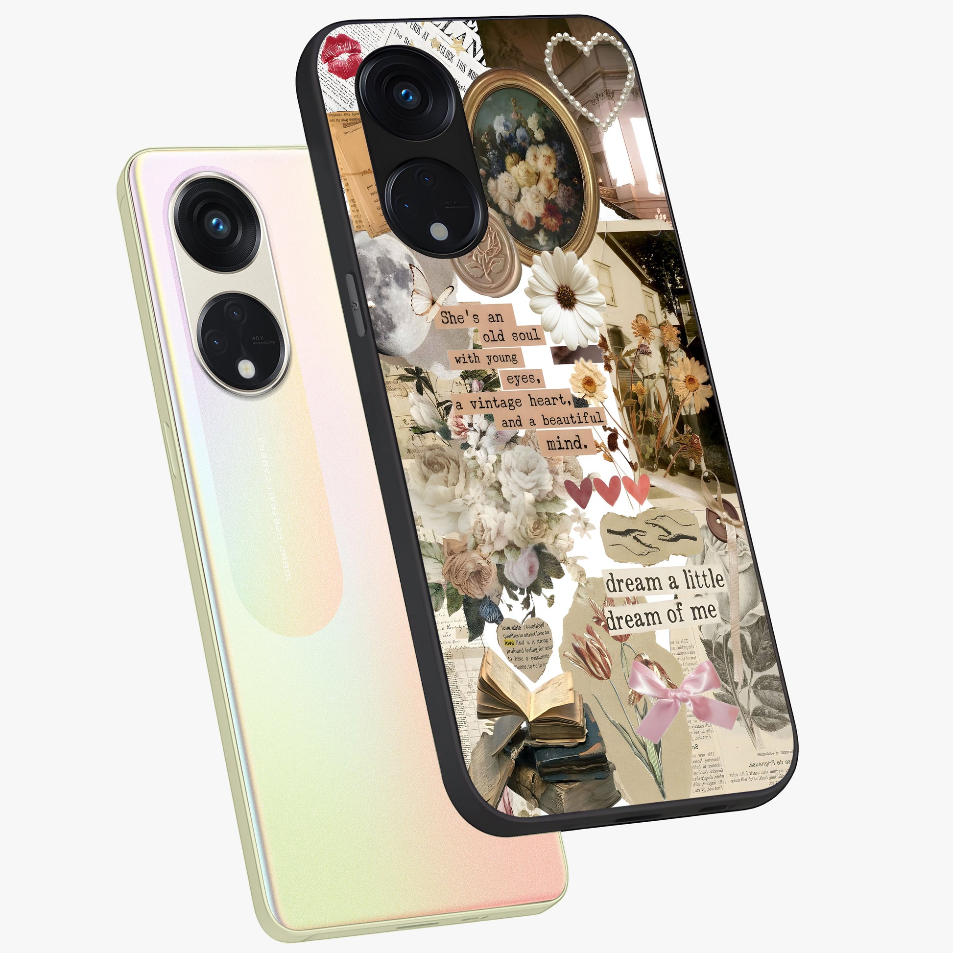 Aesthetic Brown Vintage Collage Glass Case displayed in angled mockup highlighting vintage aesthetic collage design.