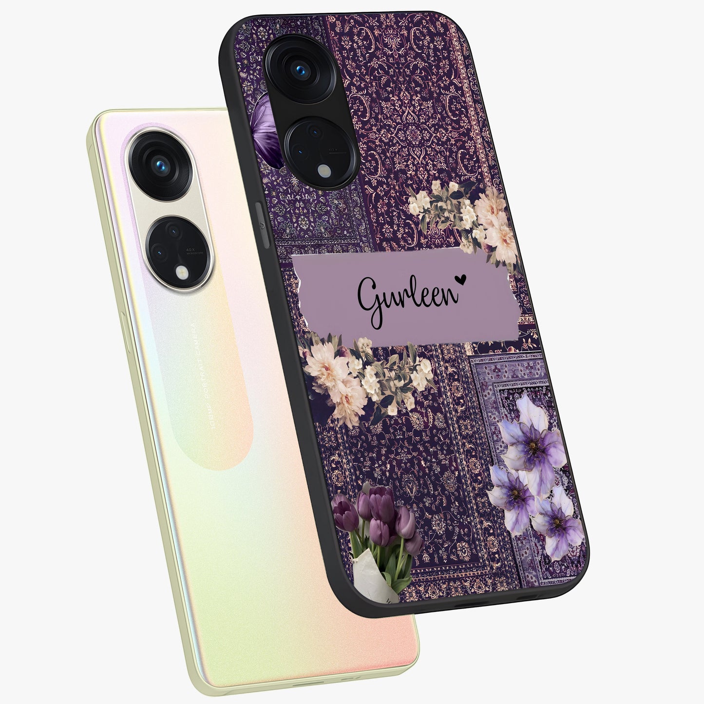 Antique Floral Whisper Custom Name Glass Case displayed in angled mockup highlighting elegant antique floral aesthetic.