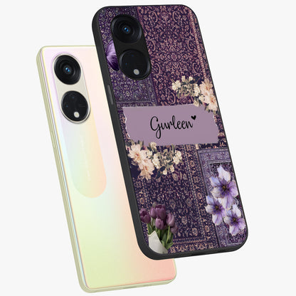 Antique Floral Whisper Custom Name Glass Case displayed in angled mockup highlighting elegant antique floral aesthetic.