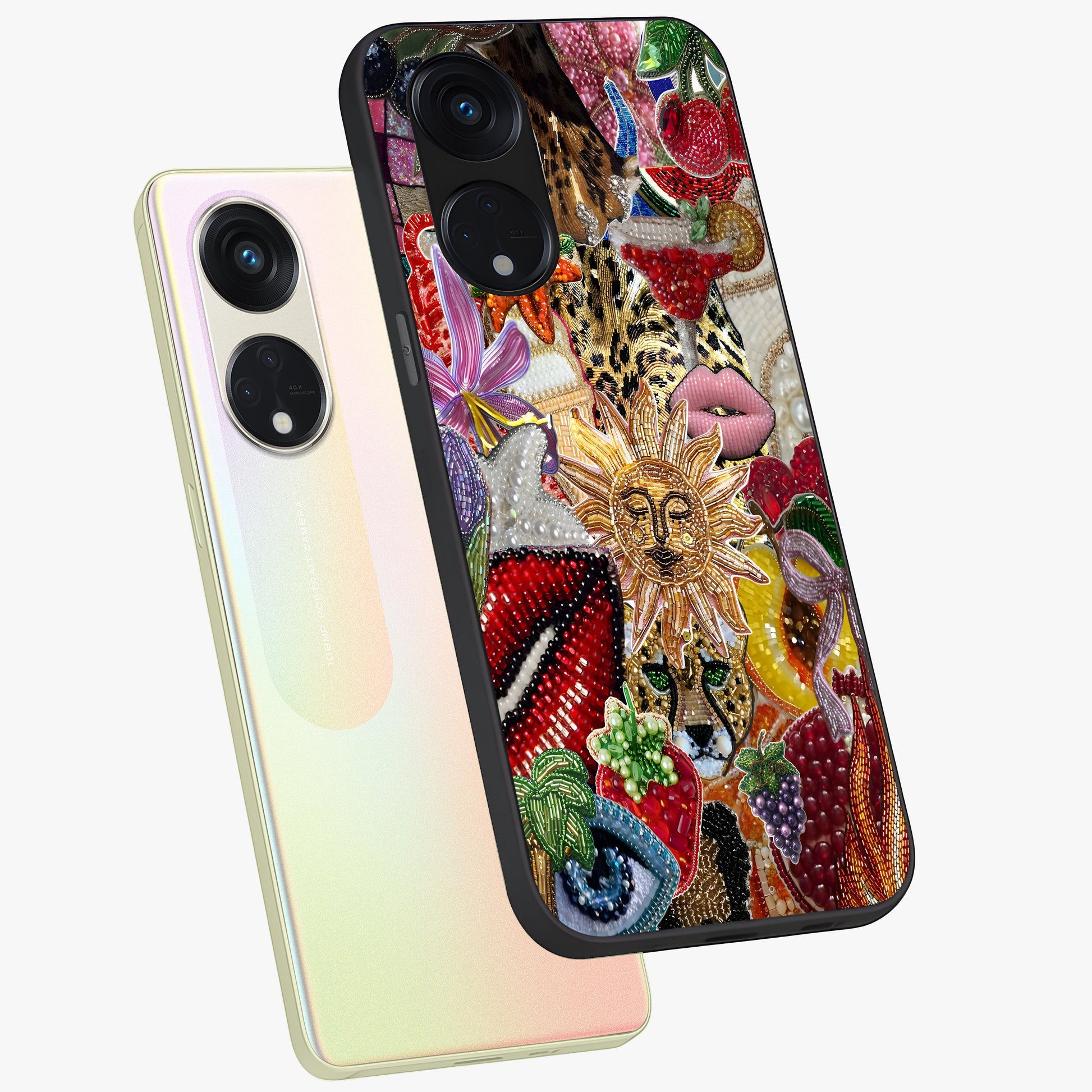 Beaded Fashion Jungle Glass Case displayed in angled mockup highlighting colorful fashion bead design and artistic pattern.