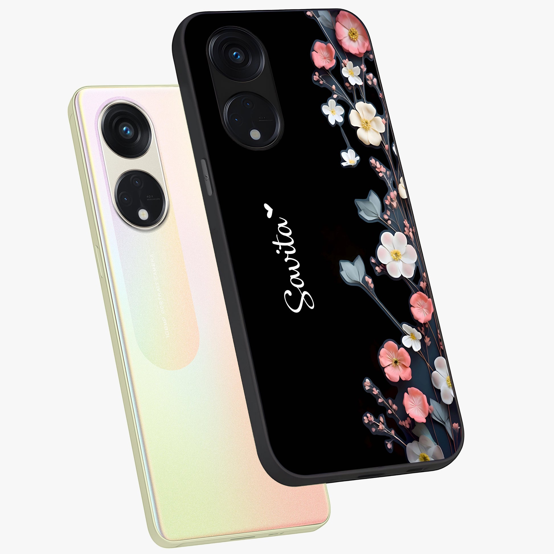 Black Elegance Floral Custom Name Glass Case displayed in angled mockup highlighting dark floral aesthetic and custom name feature.