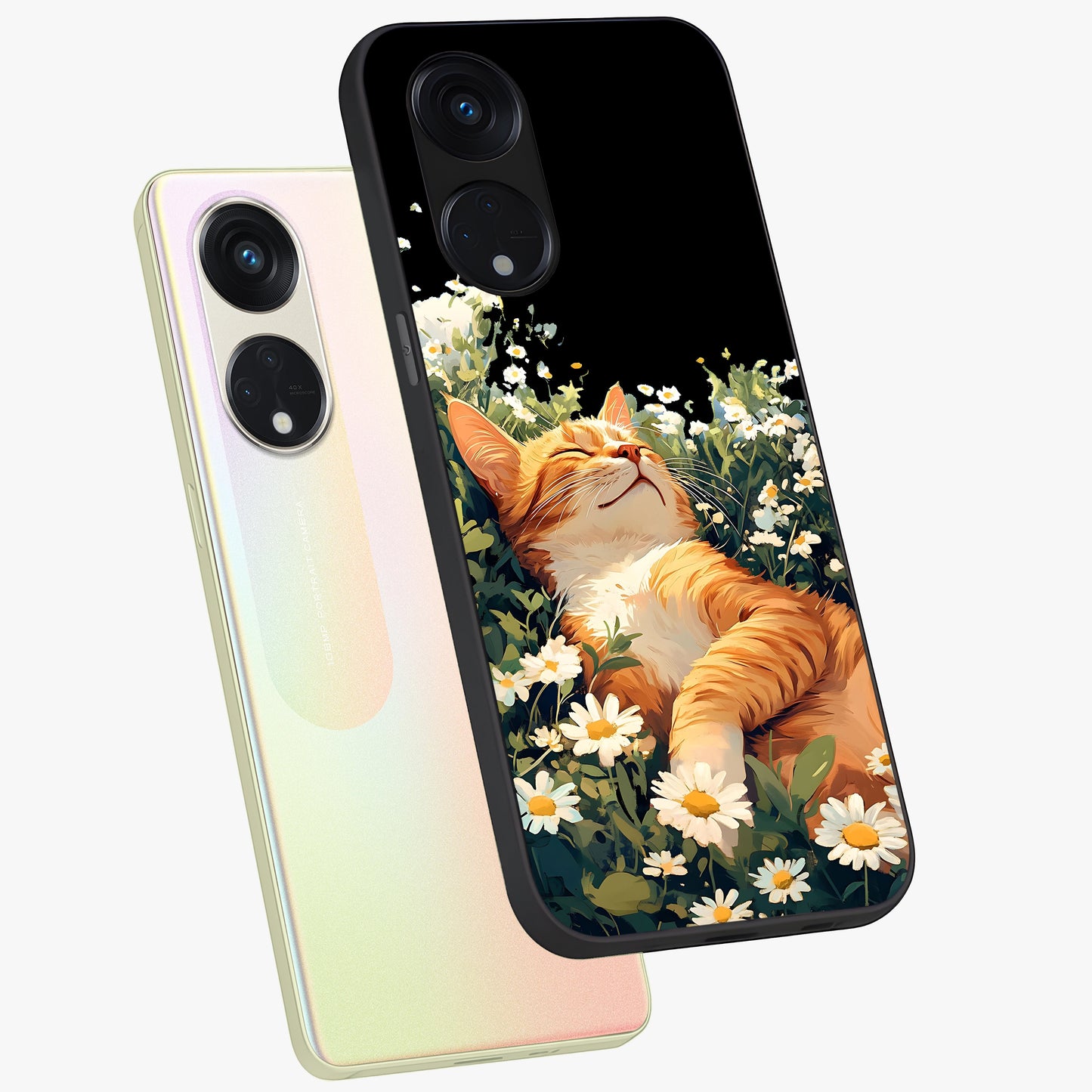 Blissful Bloom Cat Glass Case displayed in angled mockup highlighting playful feline illustration with soft floral aesthetic.