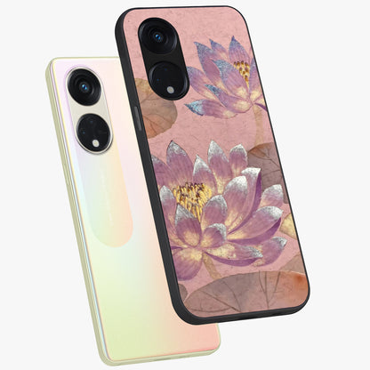 Blossom Mist Lotus Glass Case displayed in angled mockup highlighting delicate lotus illustration with calm aesthetic theme.