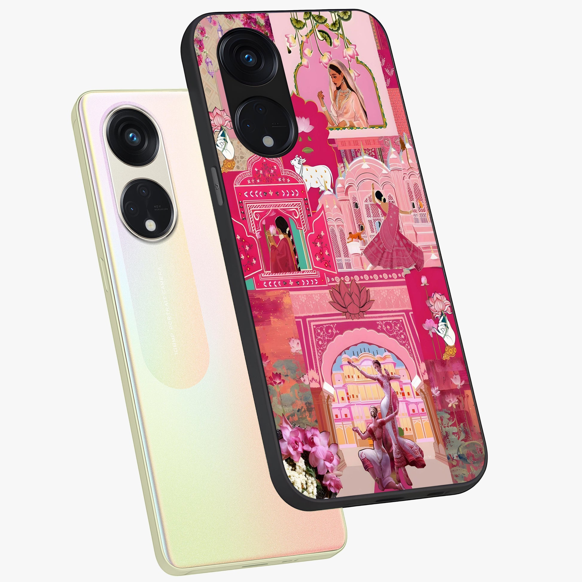 Blossoms of Rajasthan Glass Case displayed in angled mockup highlighting vibrant floral pattern with cultural aesthetic style.
