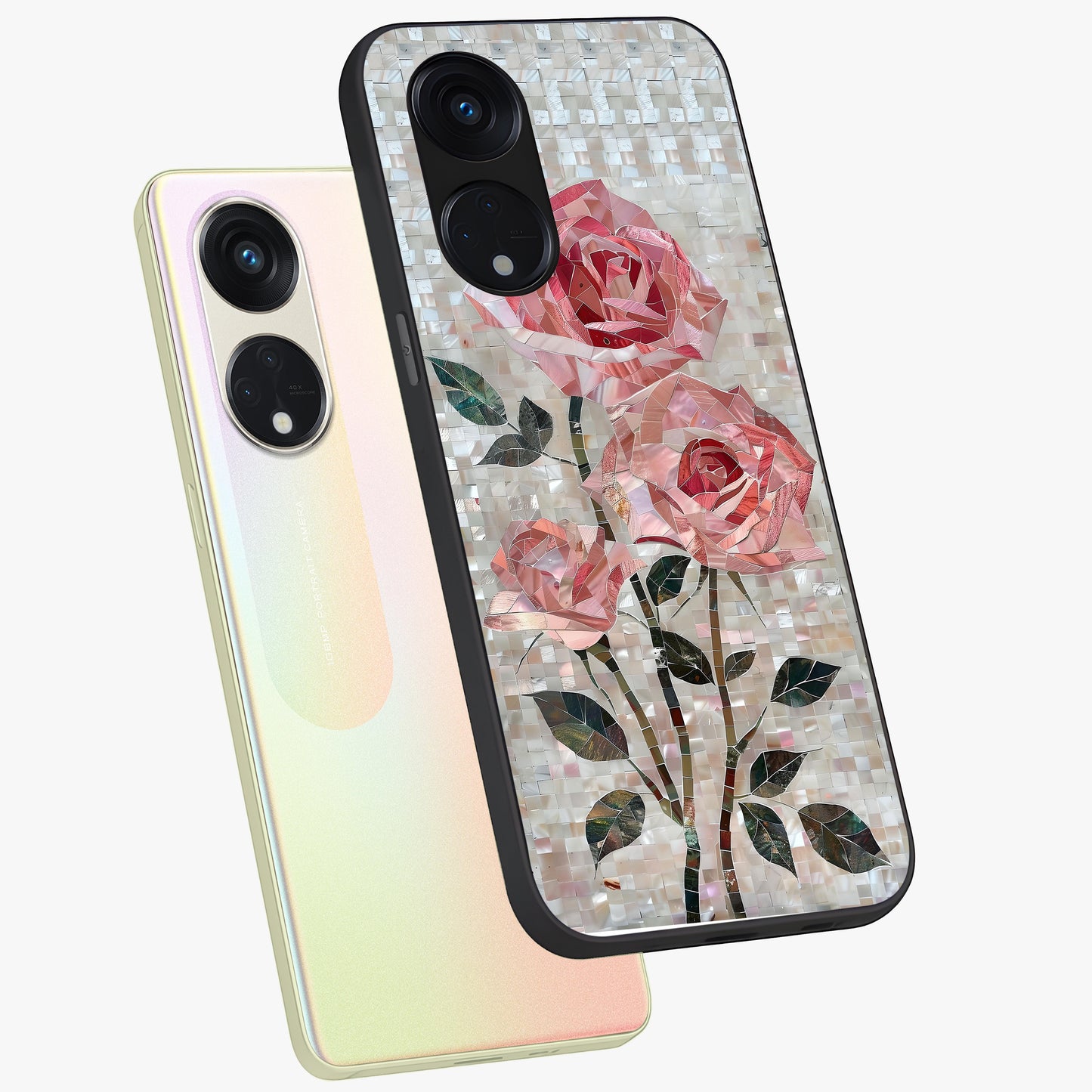Blush Mosaic Bloom Glass Case displayed in angled mockup highlighting artistic mosaic flower pattern with aesthetic design.