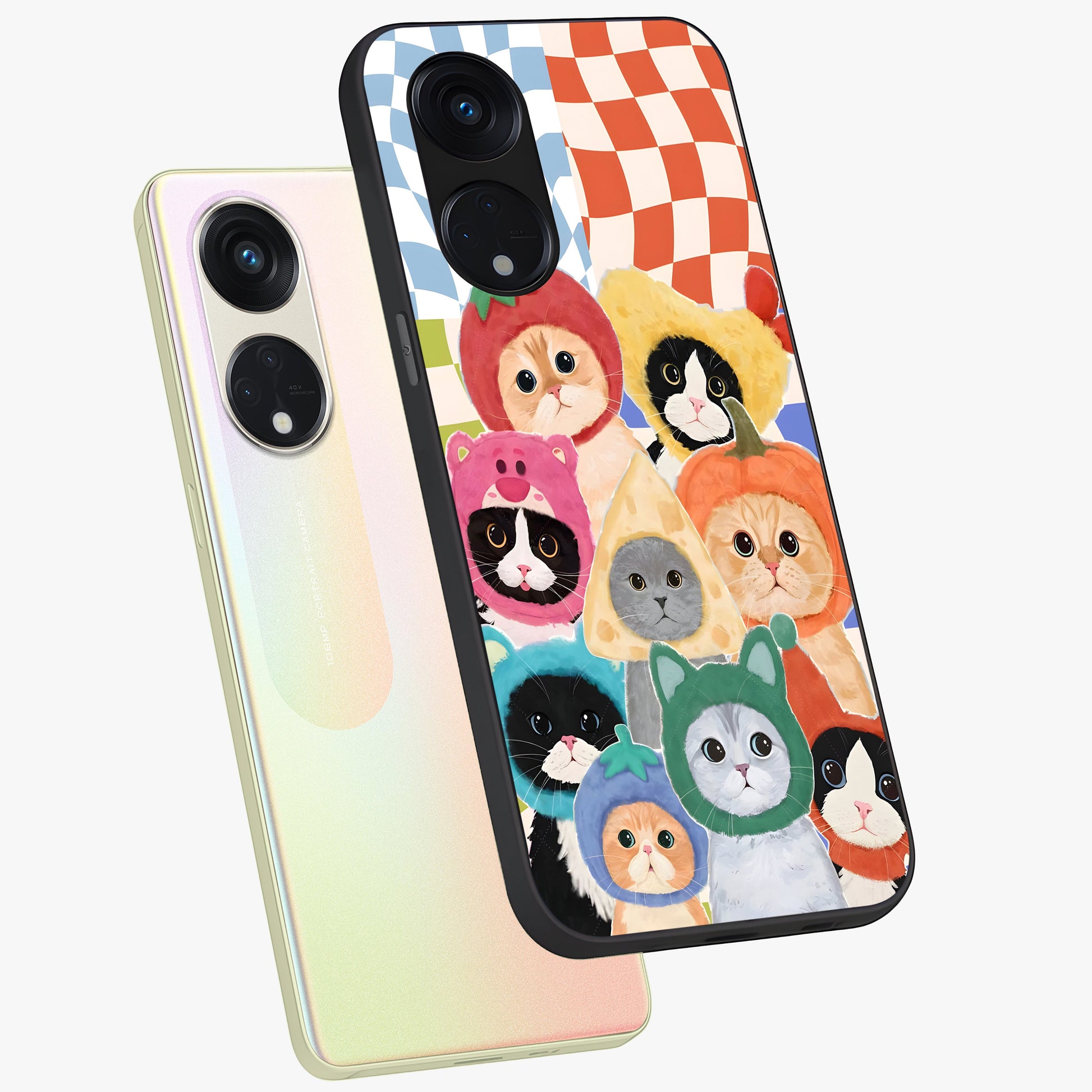 Cats in Fruits Glass Case displayed in angled mockup highlighting cute feline fruit design with colorful aesthetic style.