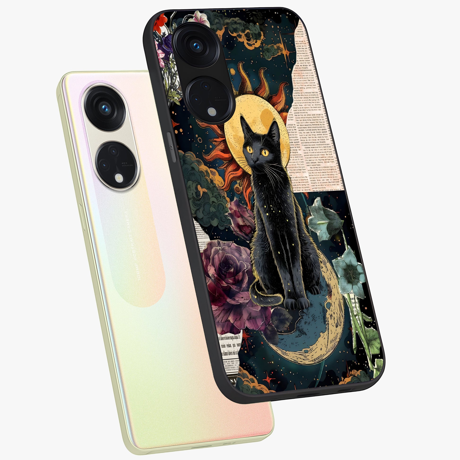 Celestial Black Cat Glass Case displayed in angled mockup highlighting cosmic black cat design with celestial aesthetic.
