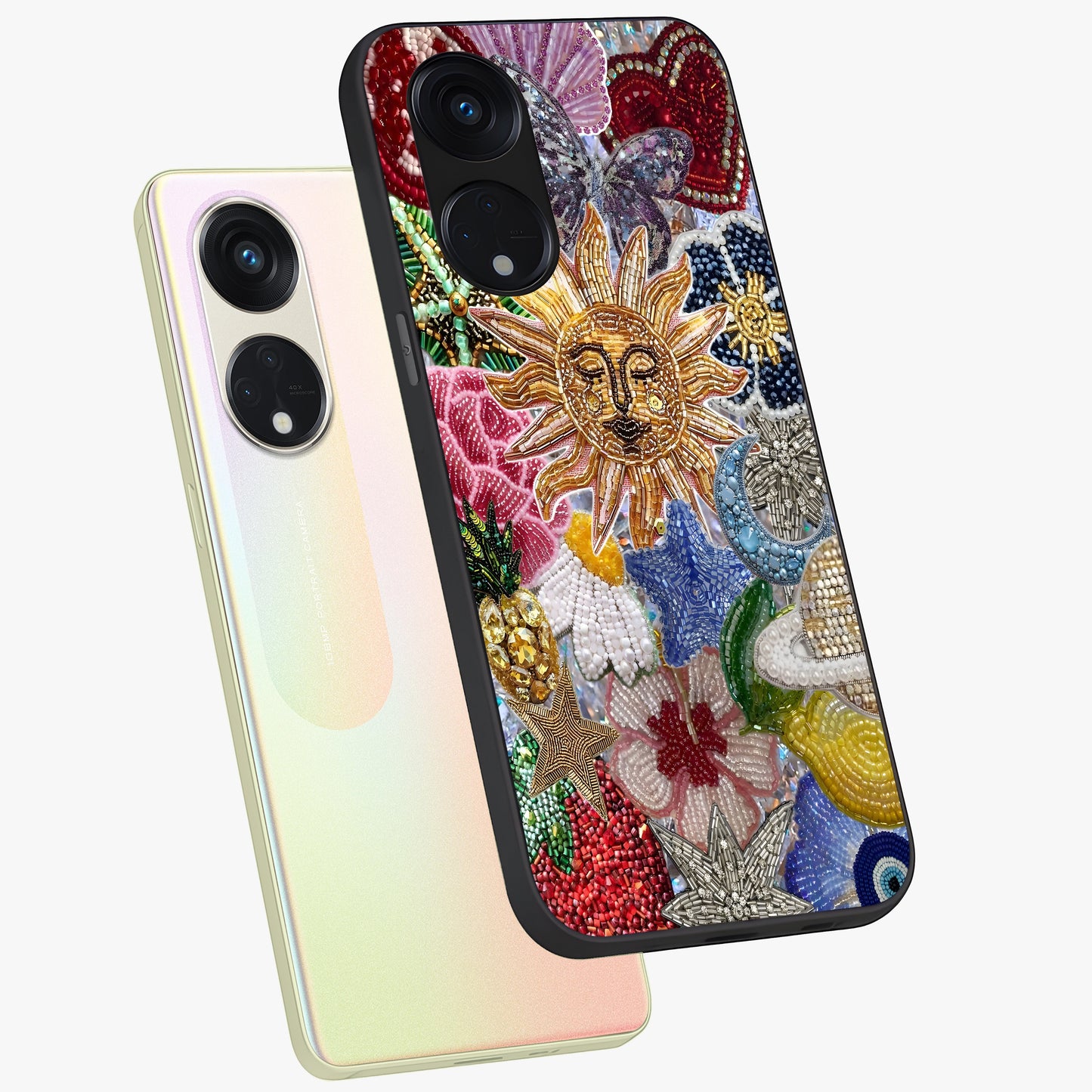 Celestial Floral and Playful Glass Case displayed in angled mockup highlighting playful floral design with dreamy celestial elements.