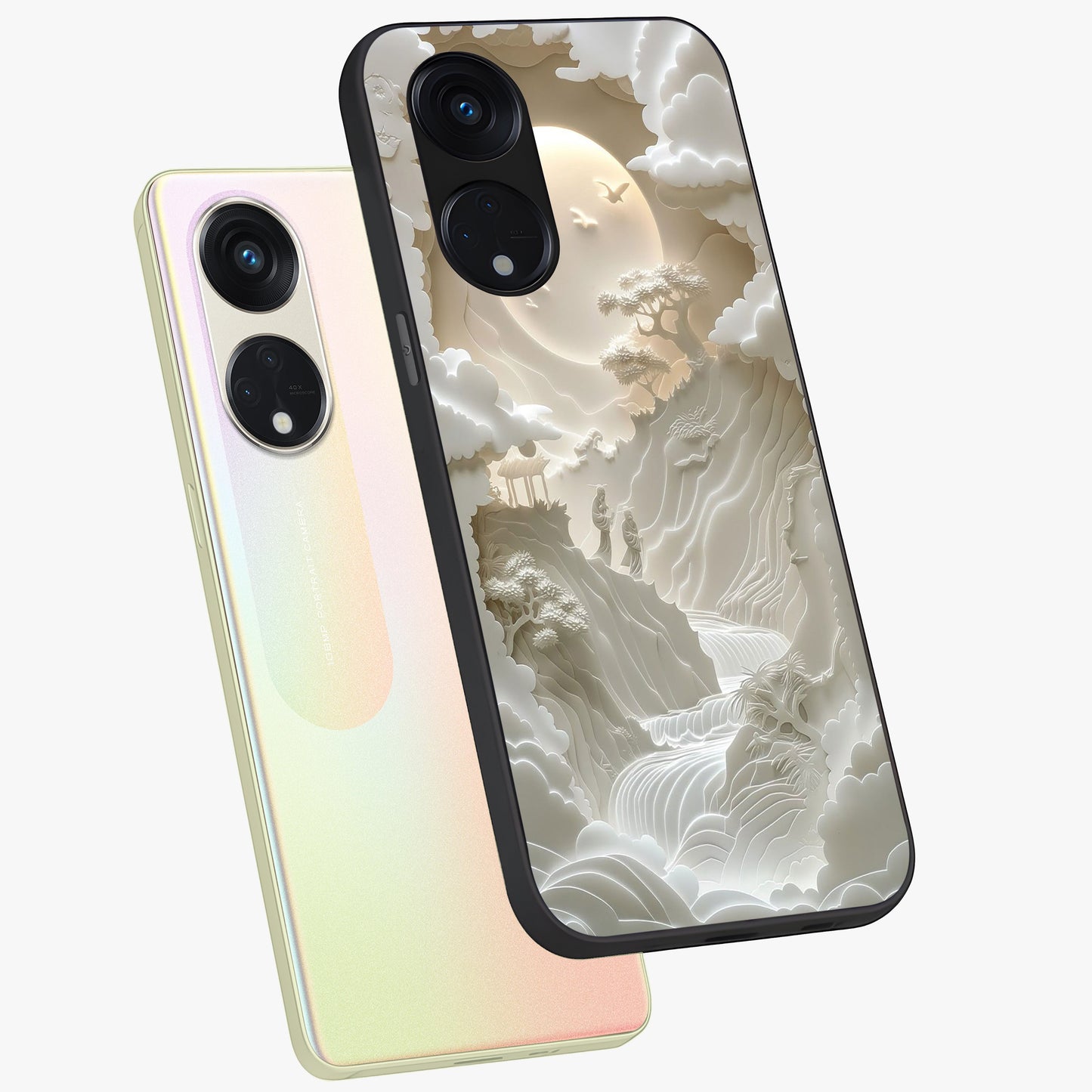 Celestial Origami Glass Case displayed in angled mockup highlighting geometric origami design with cosmic aesthetic theme.