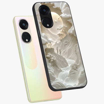 Celestial Origami Glass Case displayed in angled mockup highlighting geometric origami design with cosmic aesthetic theme.