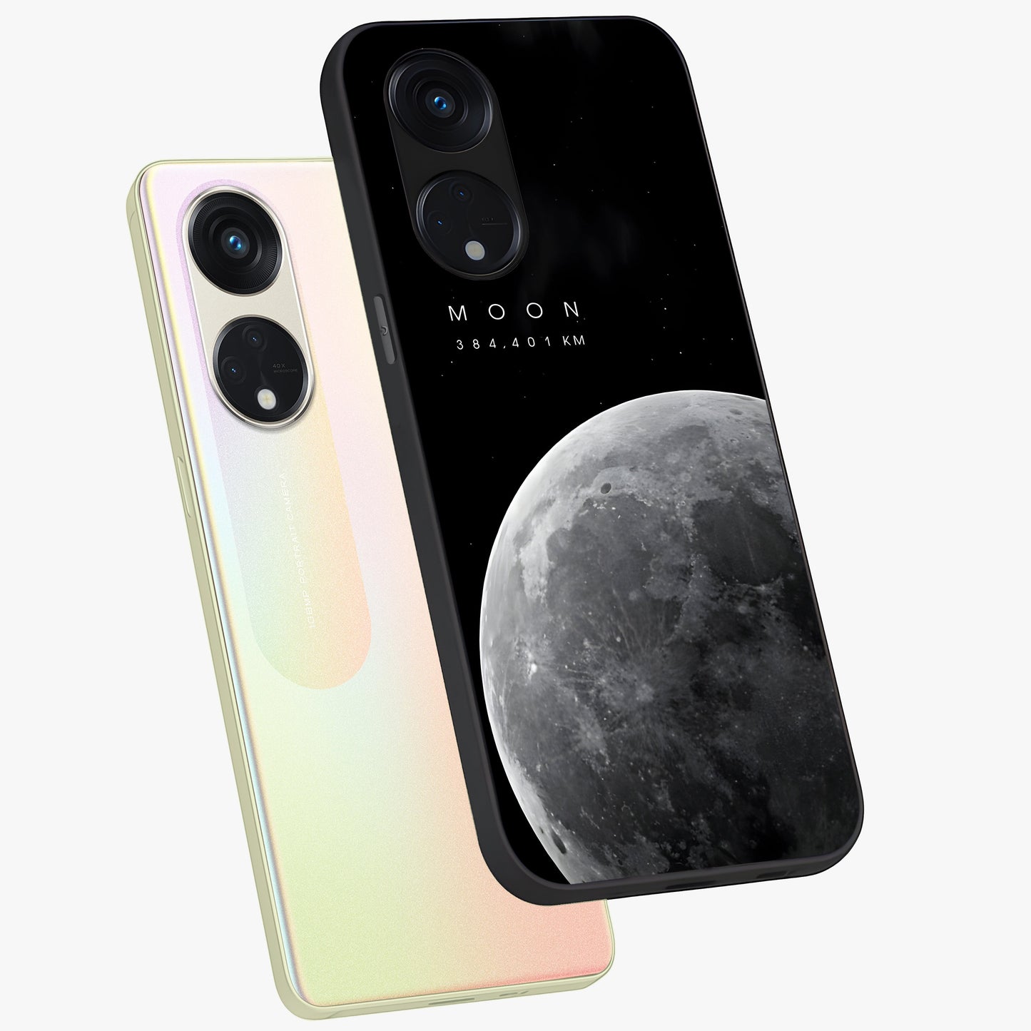 Cosmic Moon Glow Glass Case displayed in angled mockup highlighting celestial moon design with cosmic aesthetic theme.