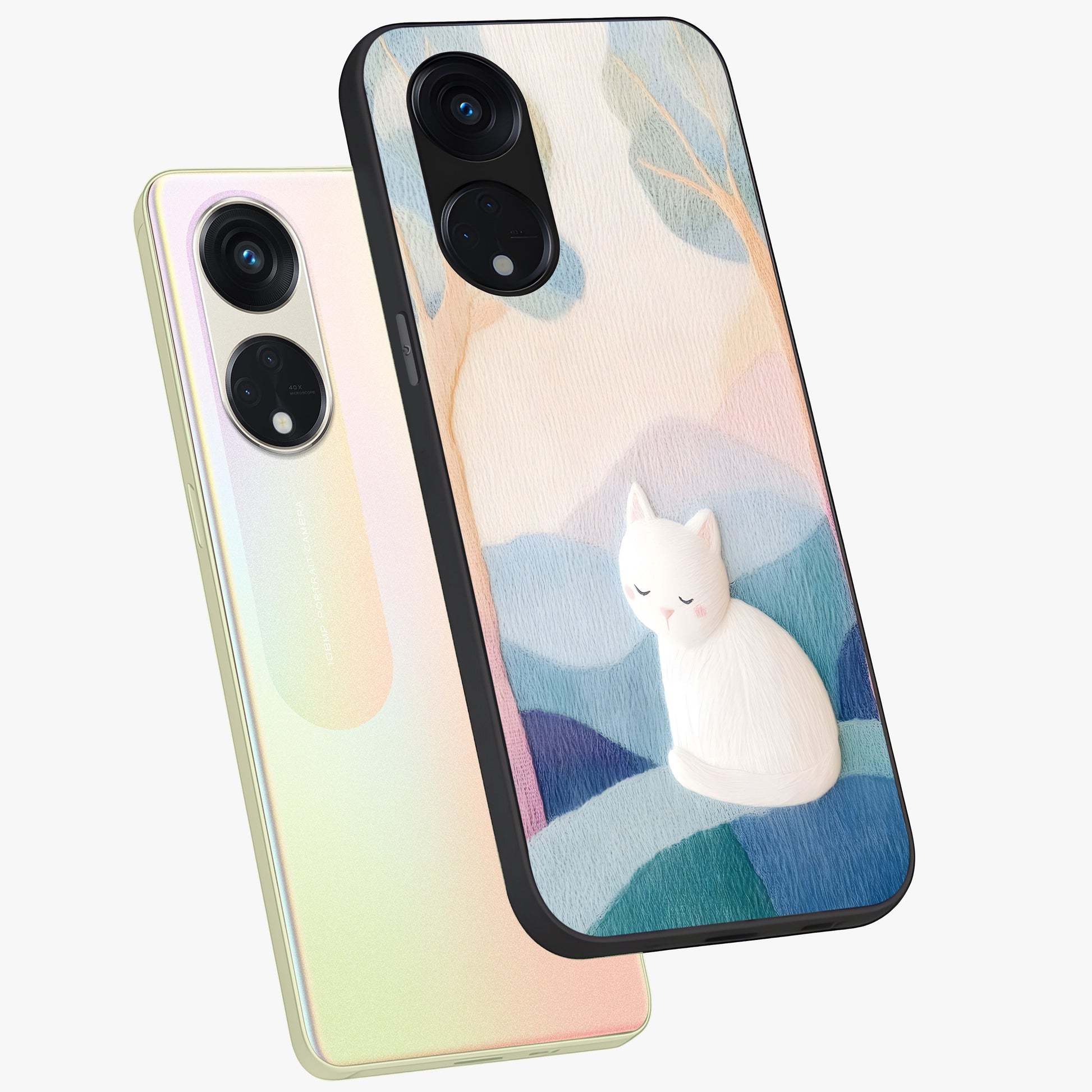 Cotton Dream Cat Glass Case displayed in angled mockup highlighting cute feline illustration with pastel aesthetic style.