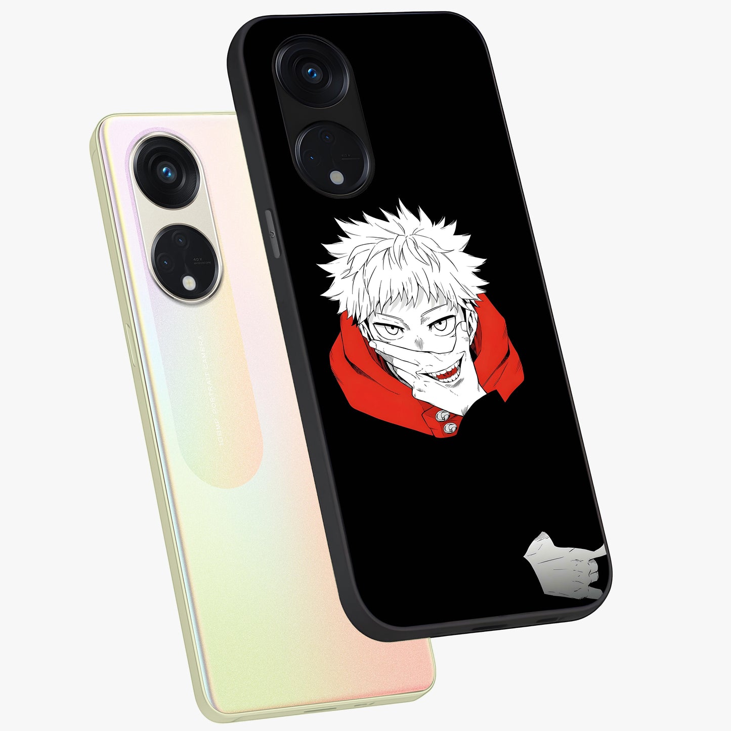 Crimson Chaos Smile Glass Case displayed in angled mockup highlighting edgy crimson smile design with graphic aesthetic.