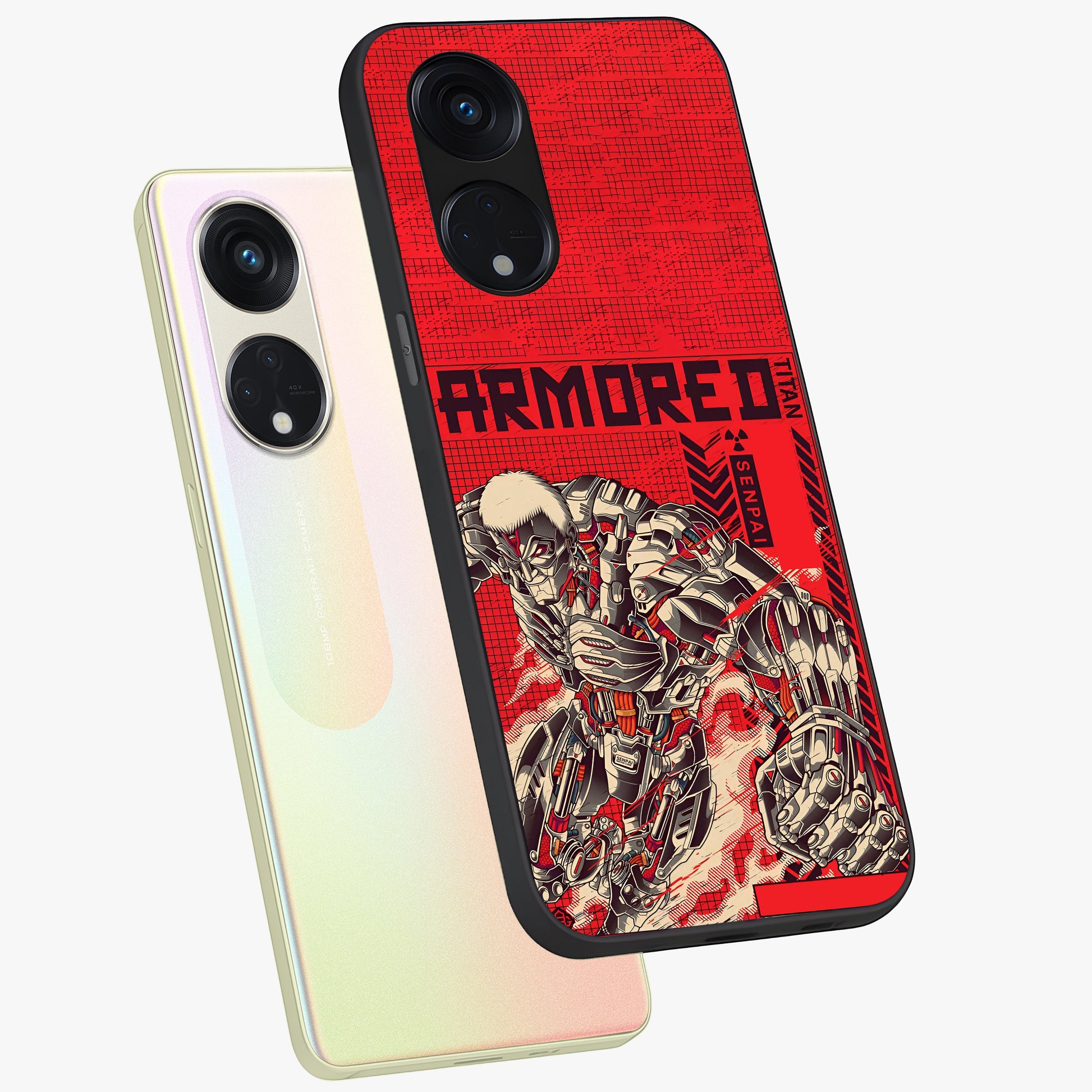 Crimson Mecha Titan Glass Case displayed in angled mockup highlighting futuristic mech illustration with bold crimson aesthetic.