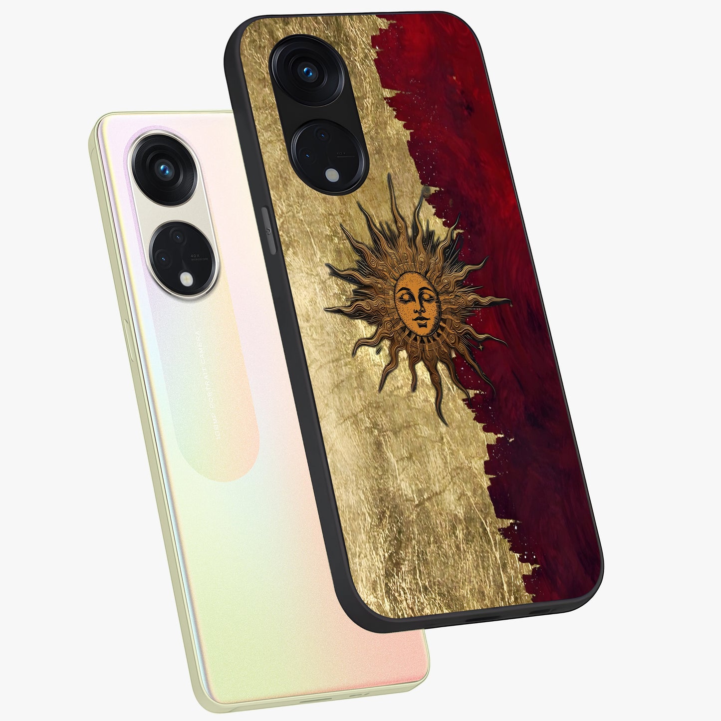 Crimson Sun Majesty Glass Case displayed in angled mockup highlighting majestic crimson sun design with bold aesthetic style.