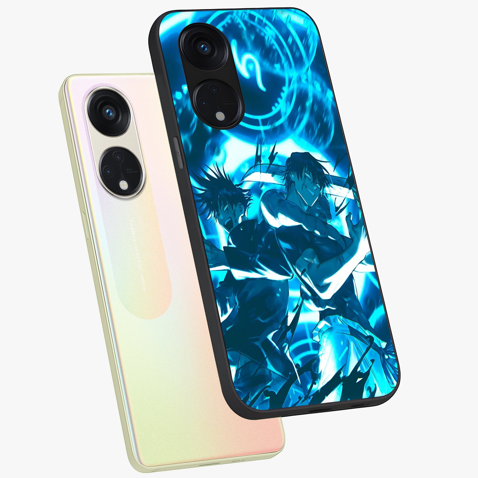 Cursed Energy Clash Glass Case displayed in angled mockup highlighting powerful battle inspired graphic with anime style aesthetic.
