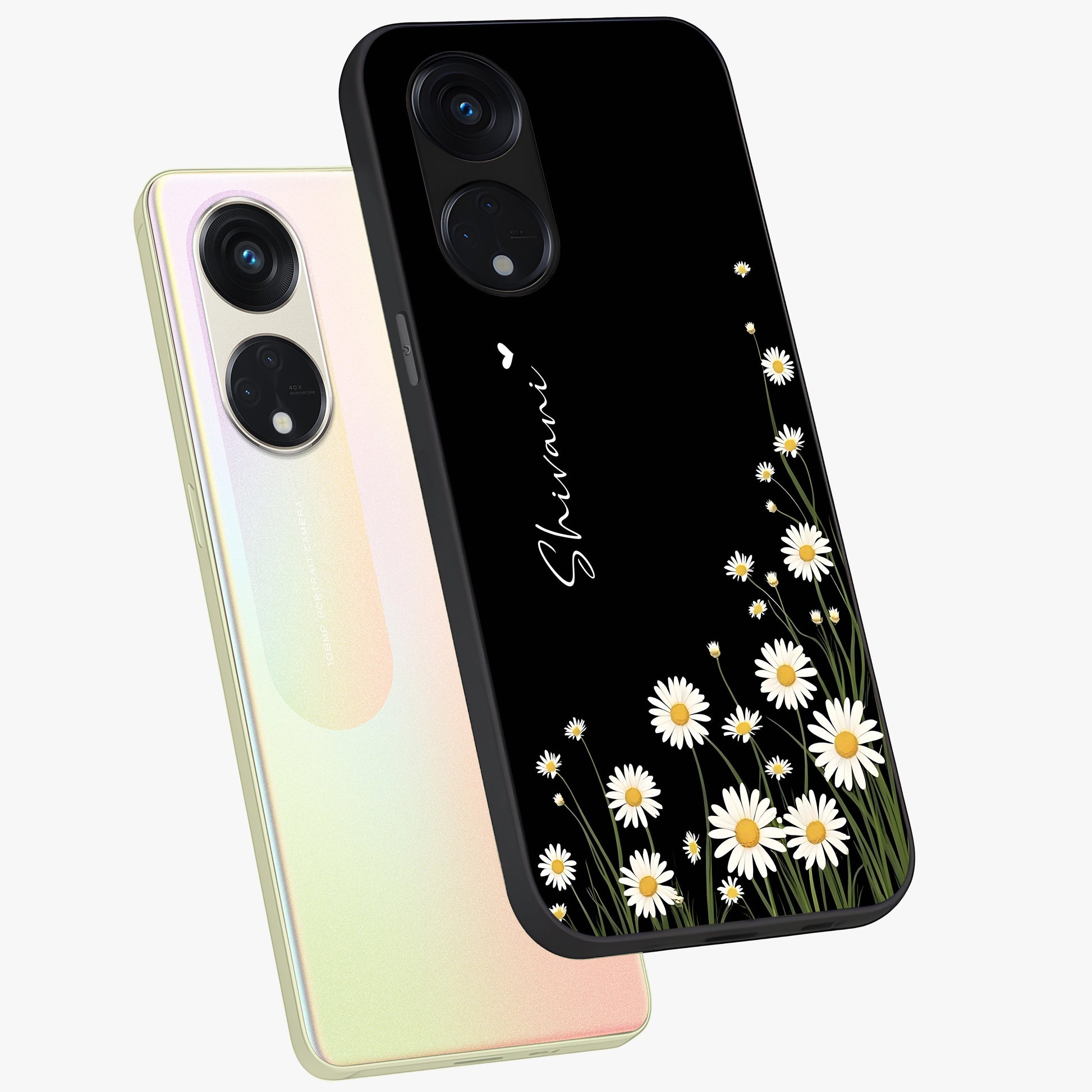 Daisy Cascade Custom Name Glass Case displayed in angled mockup highlighting delicate daisy artwork with custom name feature.