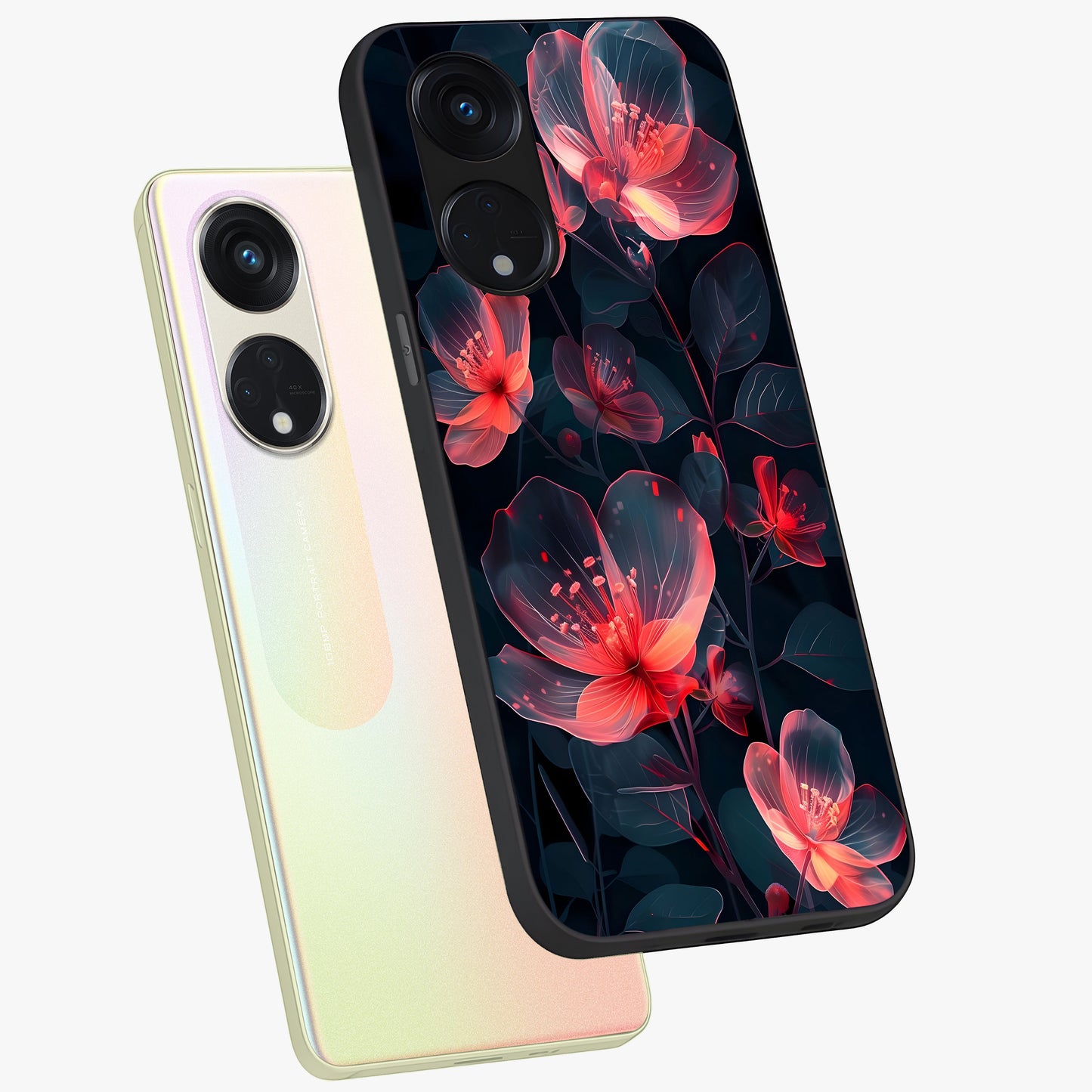 Dark Shade of Flower Glass Case displayed in angled mockup highlighting moody floral illustration with aesthetic dark tones.