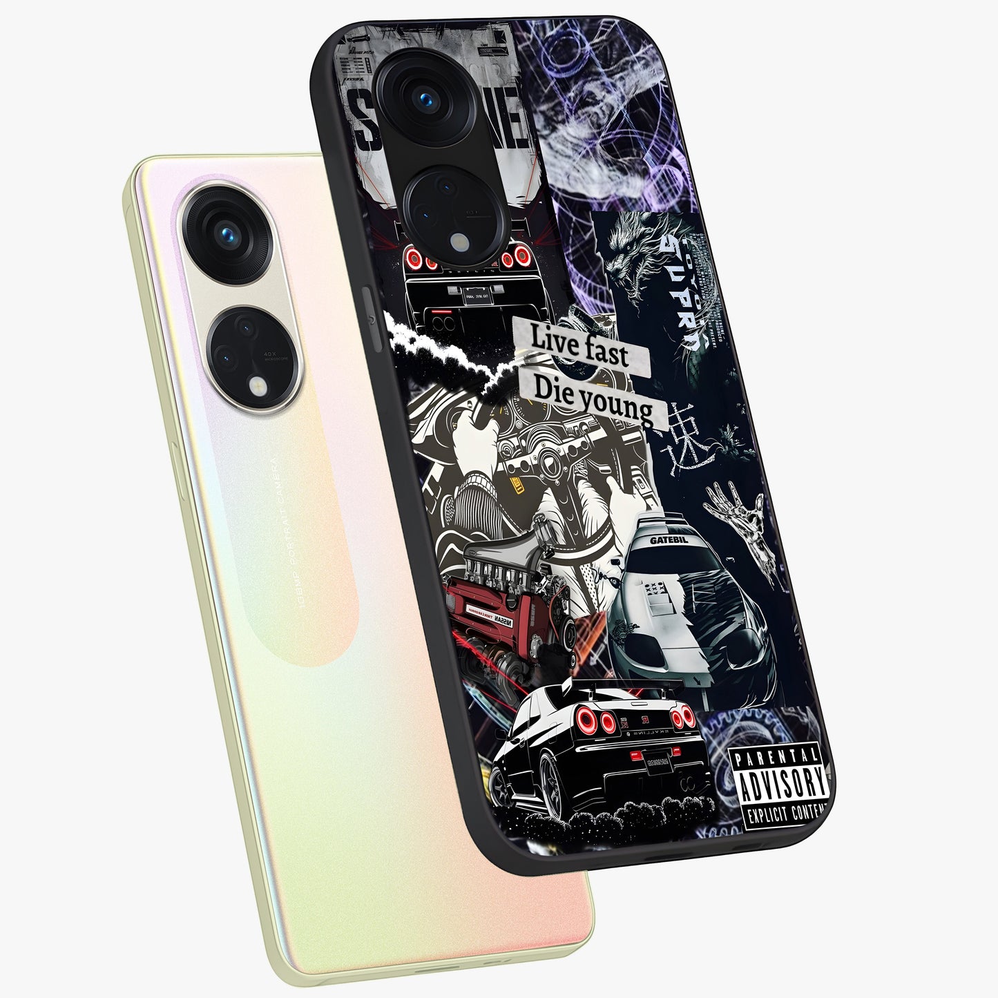 Die Young Glass Case displayed in angled mockup highlighting expressive graphic artwork with edgy aesthetic style.
