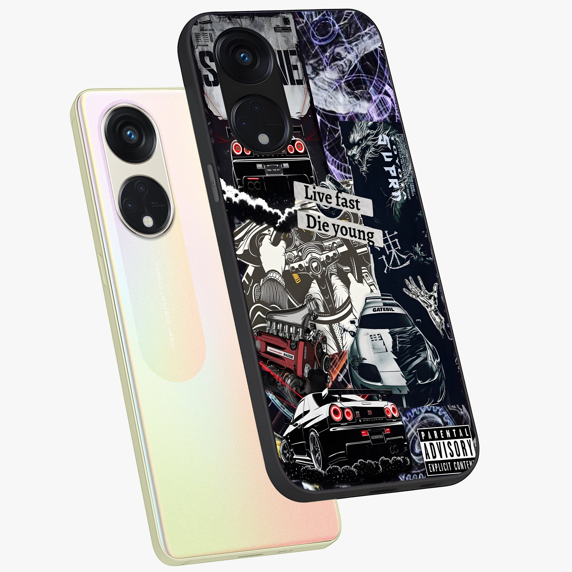 Die Young Glass Case displayed in angled mockup highlighting expressive graphic artwork with edgy aesthetic style.