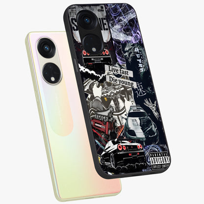 Die Young Glass Case displayed in angled mockup highlighting expressive graphic artwork with edgy aesthetic style.