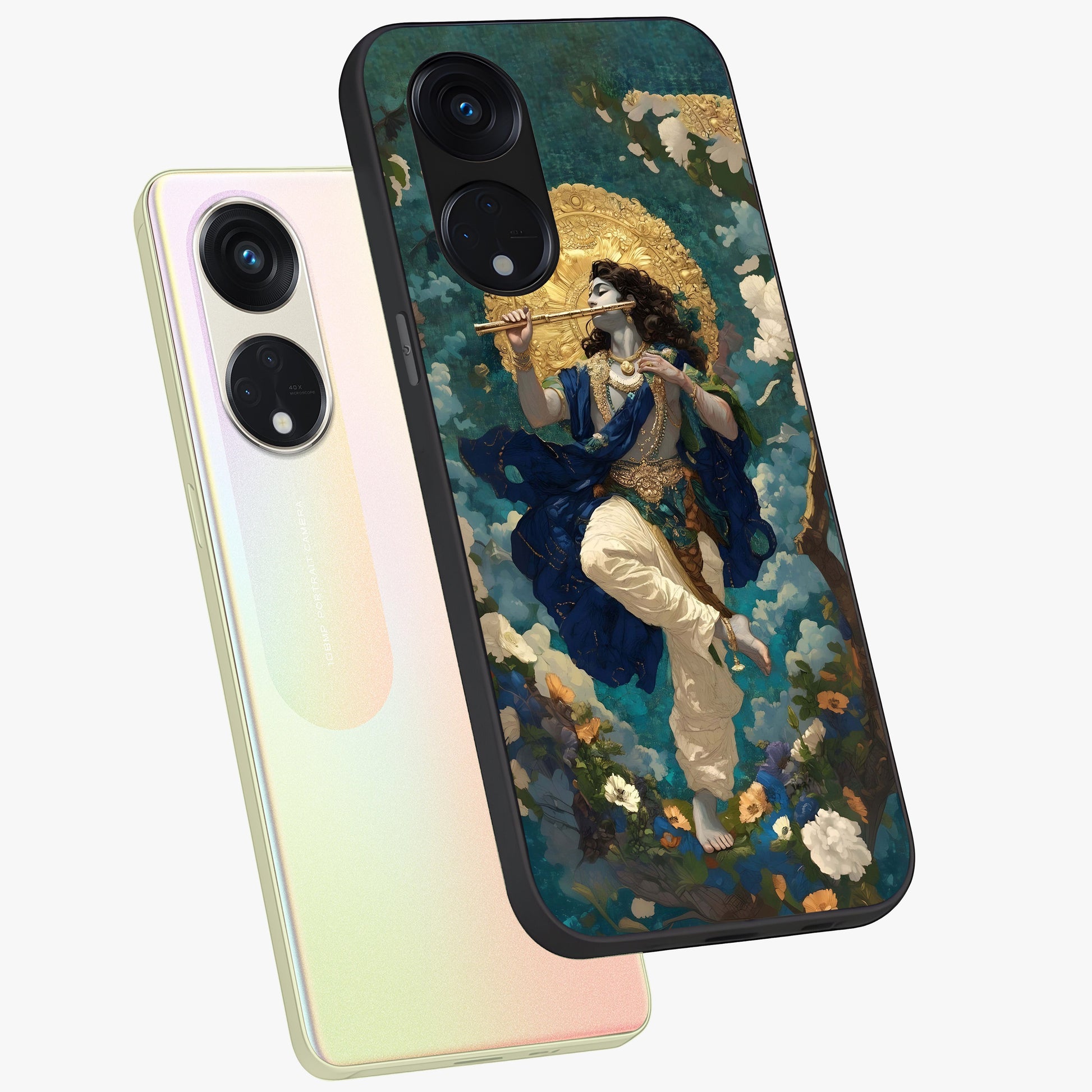 Divine Krishna Art Glass Case displayed in angled mockup highlighting spiritual Krishna illustration with devotional aesthetic.