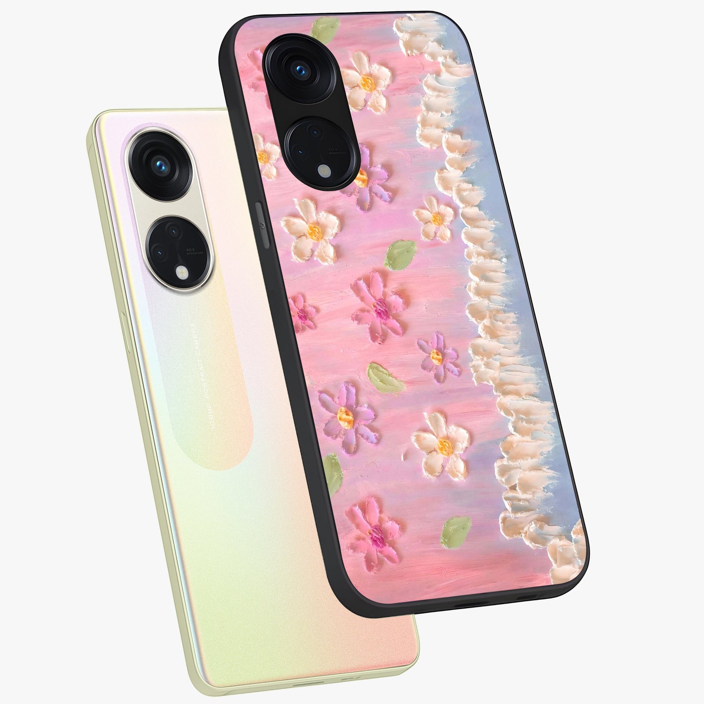Dreamy Painted Garden Glass Case displayed in angled mockup highlighting colorful garden illustration with dreamy aesthetic style.