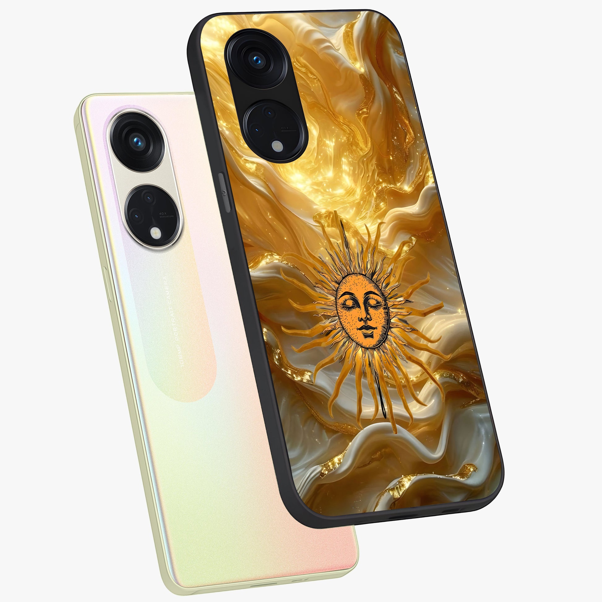Eternal Golden Glow Glass Case displayed in angled mockup highlighting glowing golden aesthetic design with elegant style.